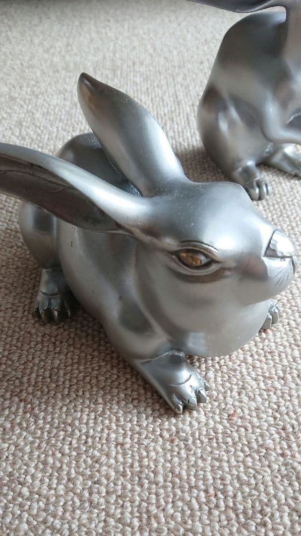 Japanese Vintage Rabbit Bronze Statue Pair Animal Sculpture Metalwork Figurine