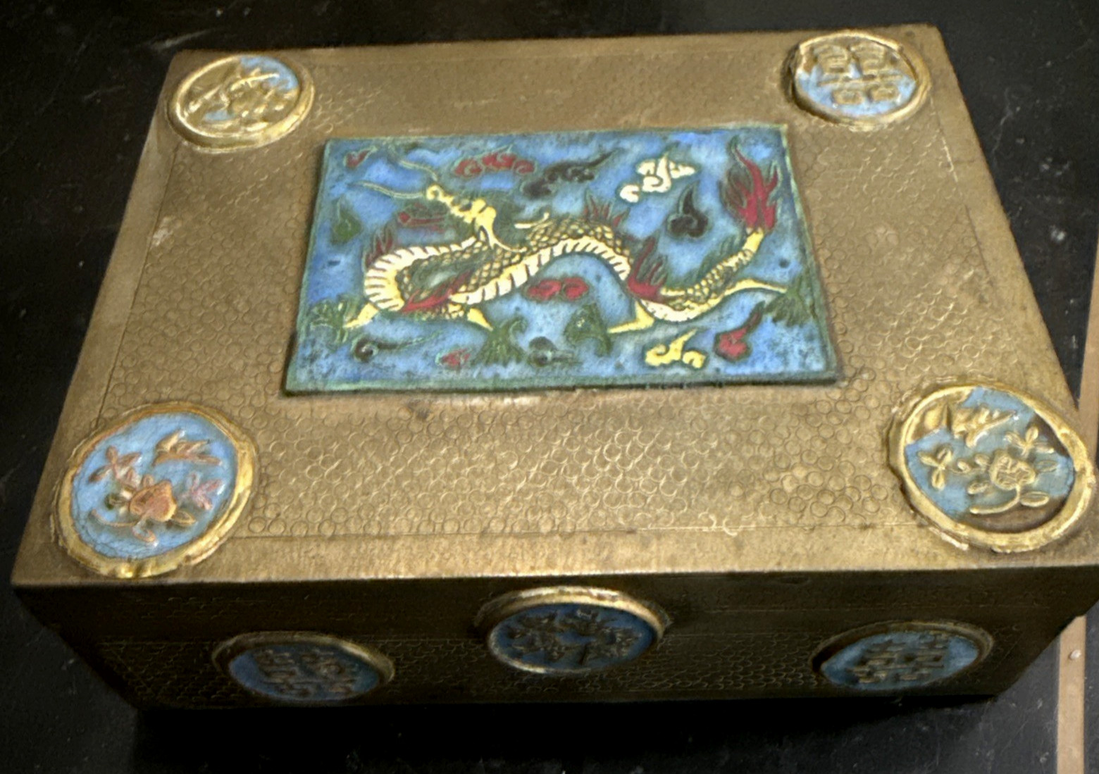 VTG Chinese Wood Lined Brass Enamel Dragon w/ Coins Trinket Box DISTRESSED p/lc