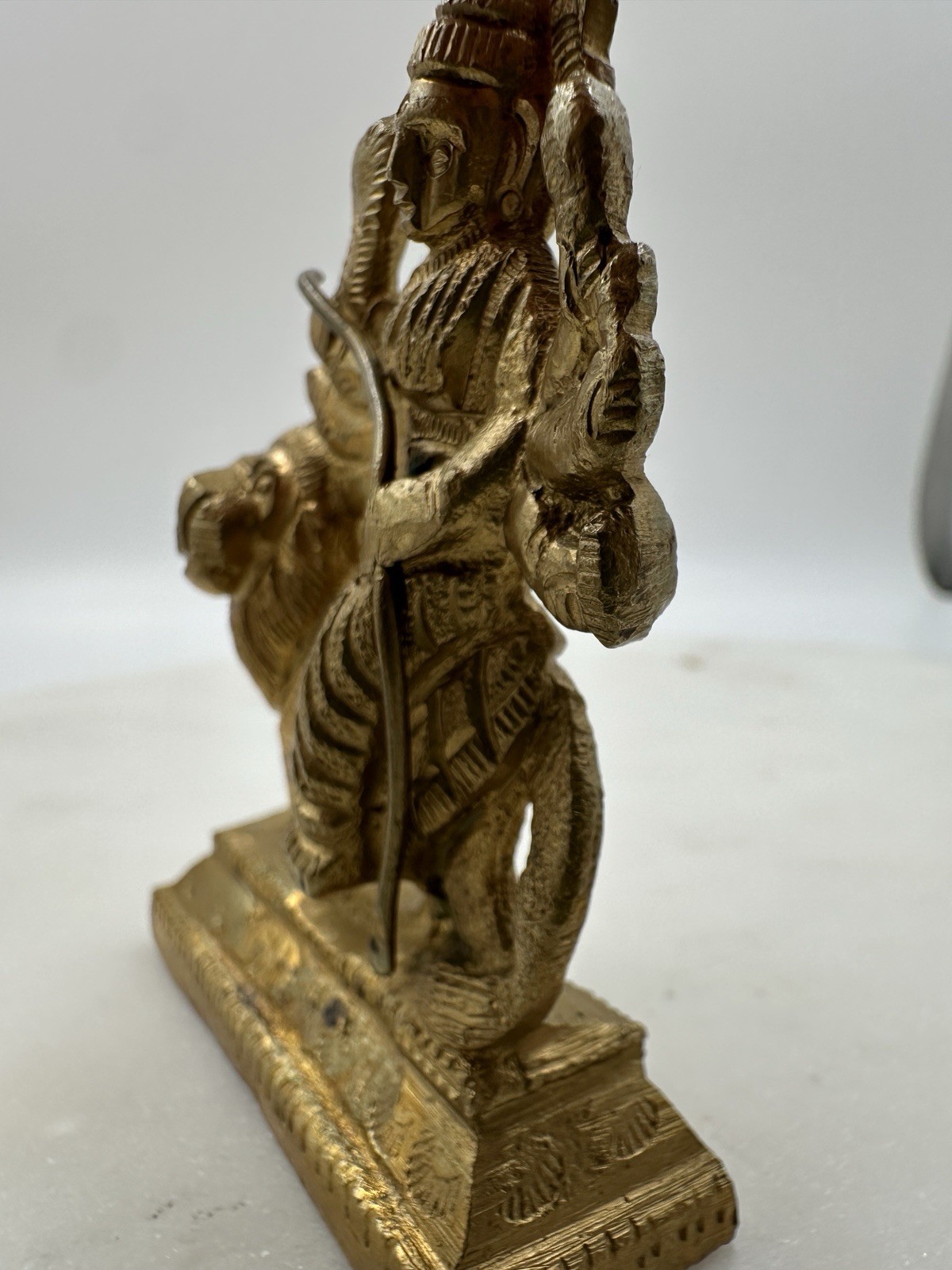 VINTAGE INDIAN HINDU SOLID BRASS GODDESS DURGA RIDING LION STATUE FIGURINE 3”