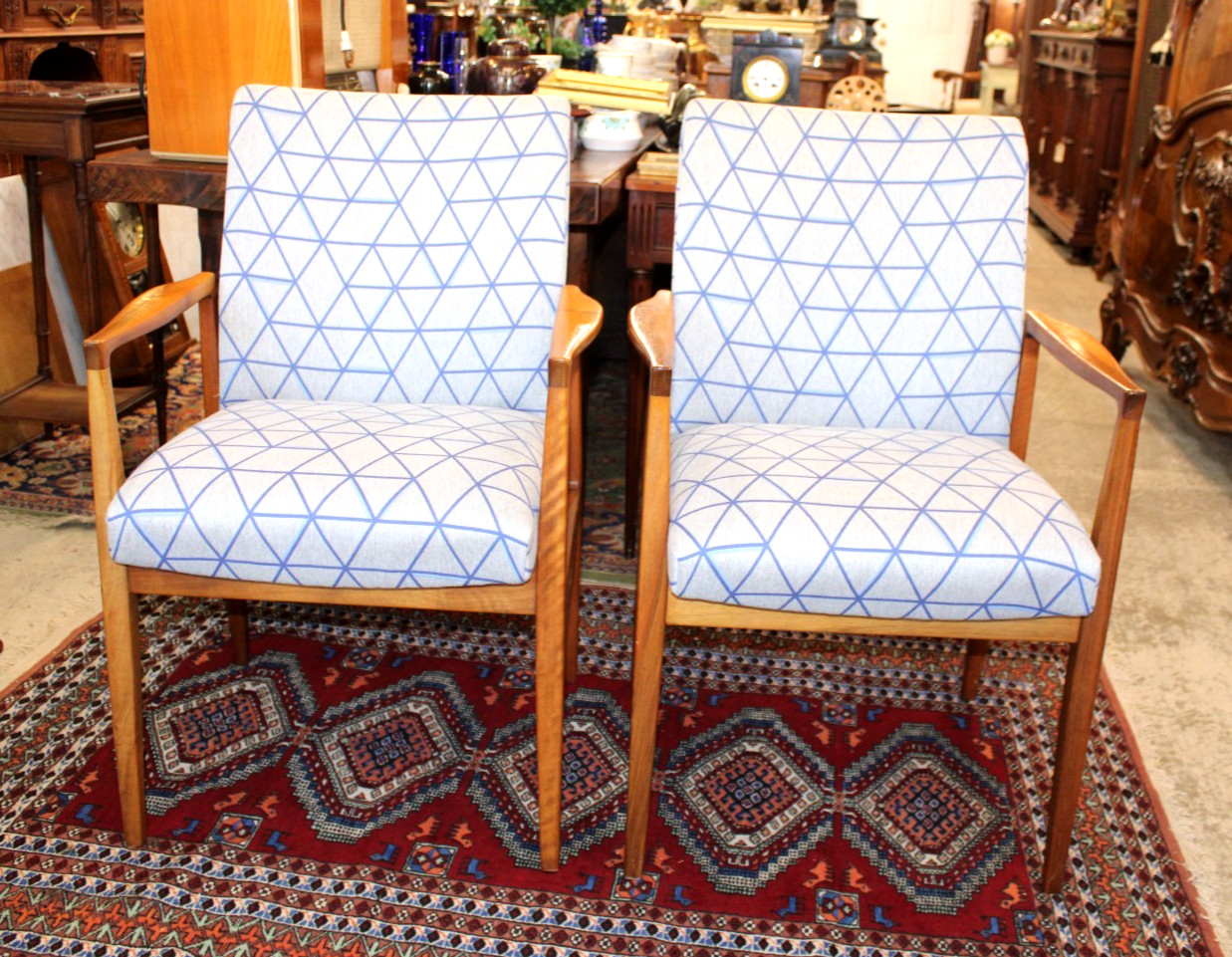 Set of 2 Mid Century Upholstered Teak Wood Arm Chairs
