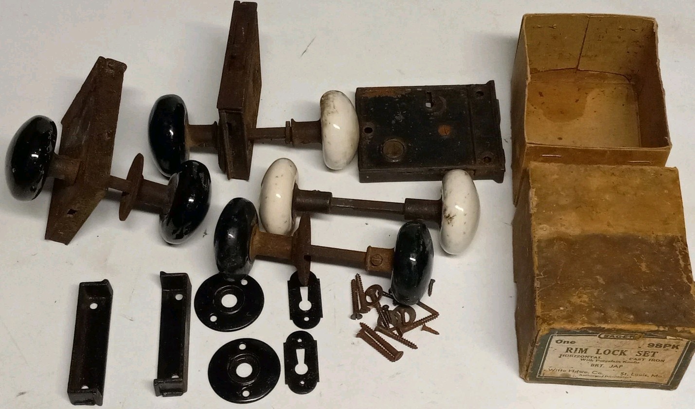 Antique RHC Reading & Sager Hardware Cast Iron Rim Lock Sets W/ Porcelain Knobs