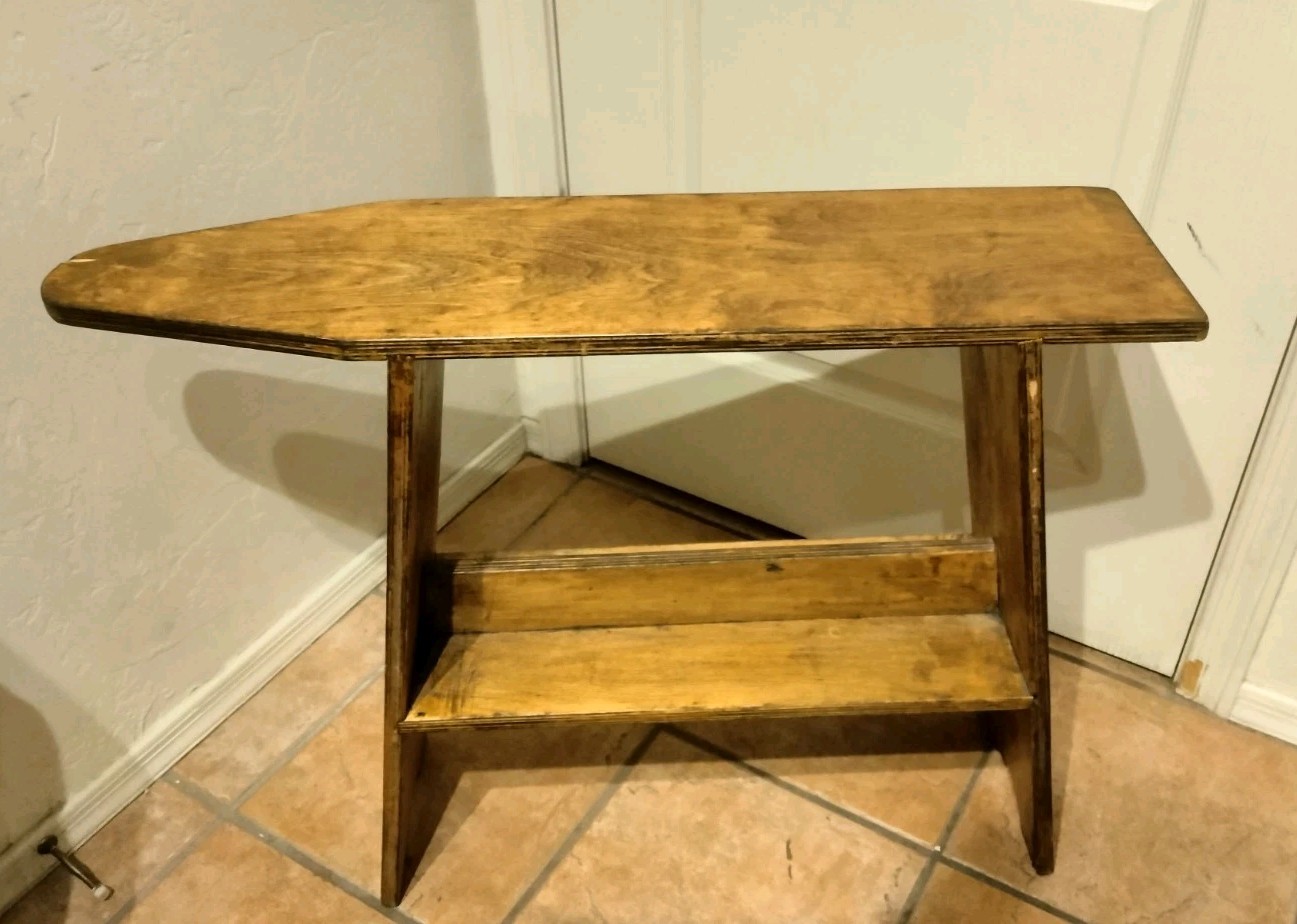 PRIMITIVE RUSTIC ANTIQUE WOODEN FREE STANDING IRONING BOARD SHELF TABLE