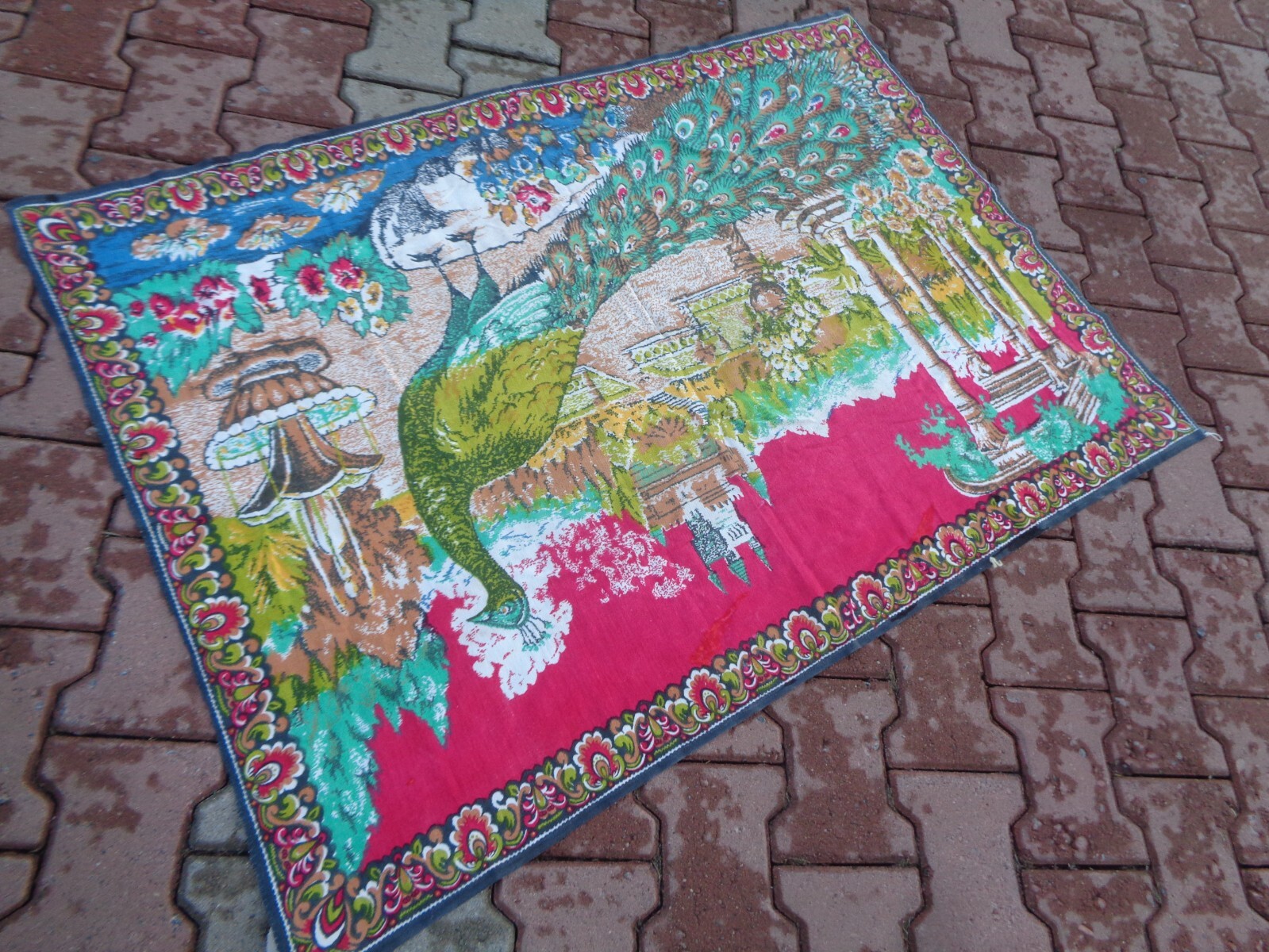 4.4×3 Ft Peacock In The Palace Themed Vintage Wall Hanging Rug, Animal Rug DV