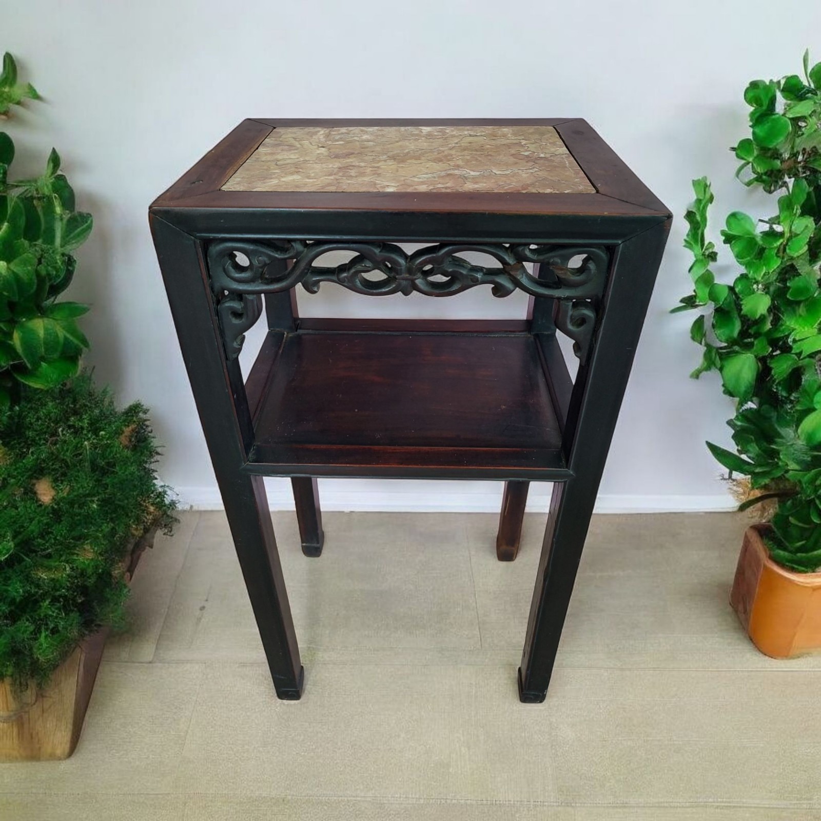 Antique Chinese Rose Marble Top Plant Stand Side Table Carved Wood 31″ Tall