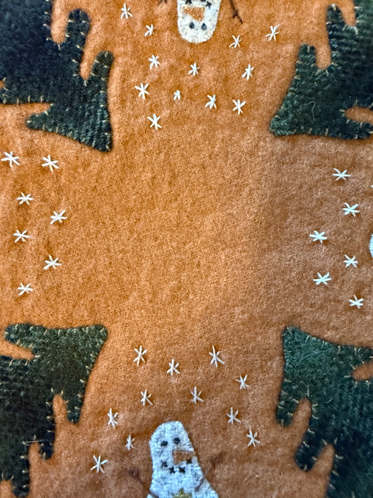 Primitive Gathering Wool Applique Winter Holiday Snowman Candle Table Mat