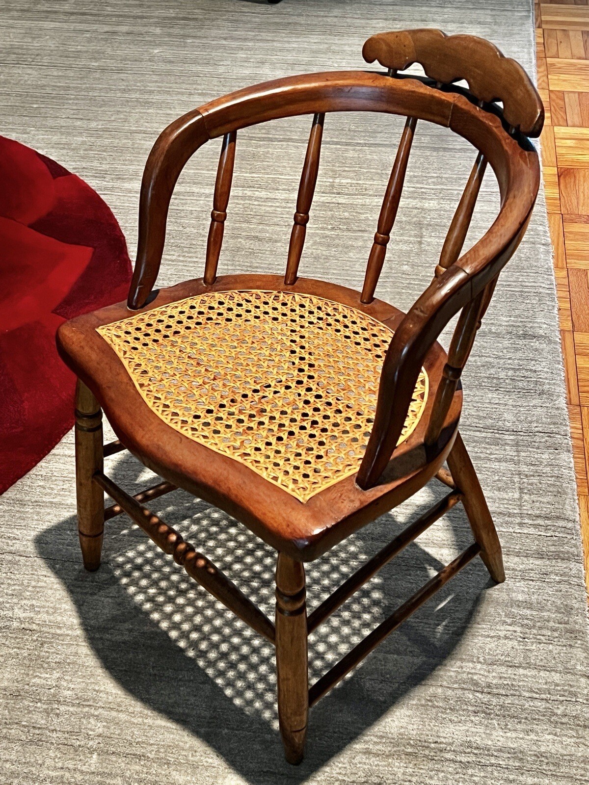 Antique Primitive Bow Back Spindle Back Cane Seat Windsor Accent Chair