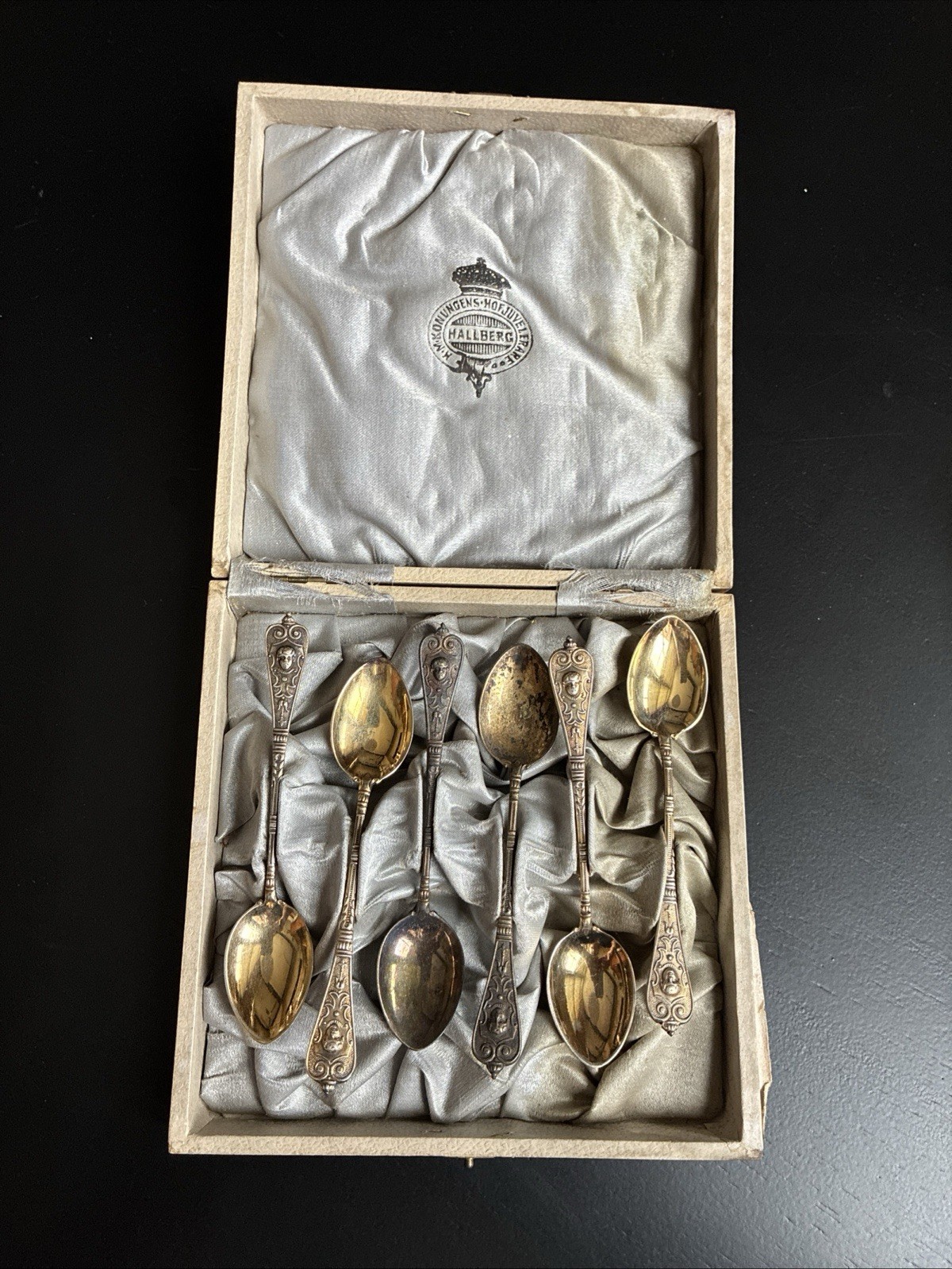 Set of 6 Antique Hallberg Tea Spoons Baroque Style Cherub In Original Box