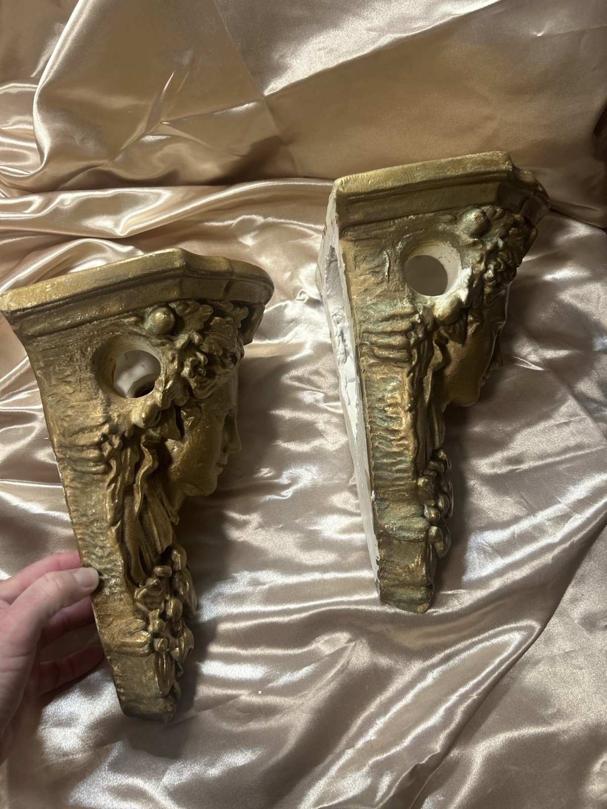 Vintage Gold Chalkware Neoclassical Maiden Wall Corbels Shelf Pair