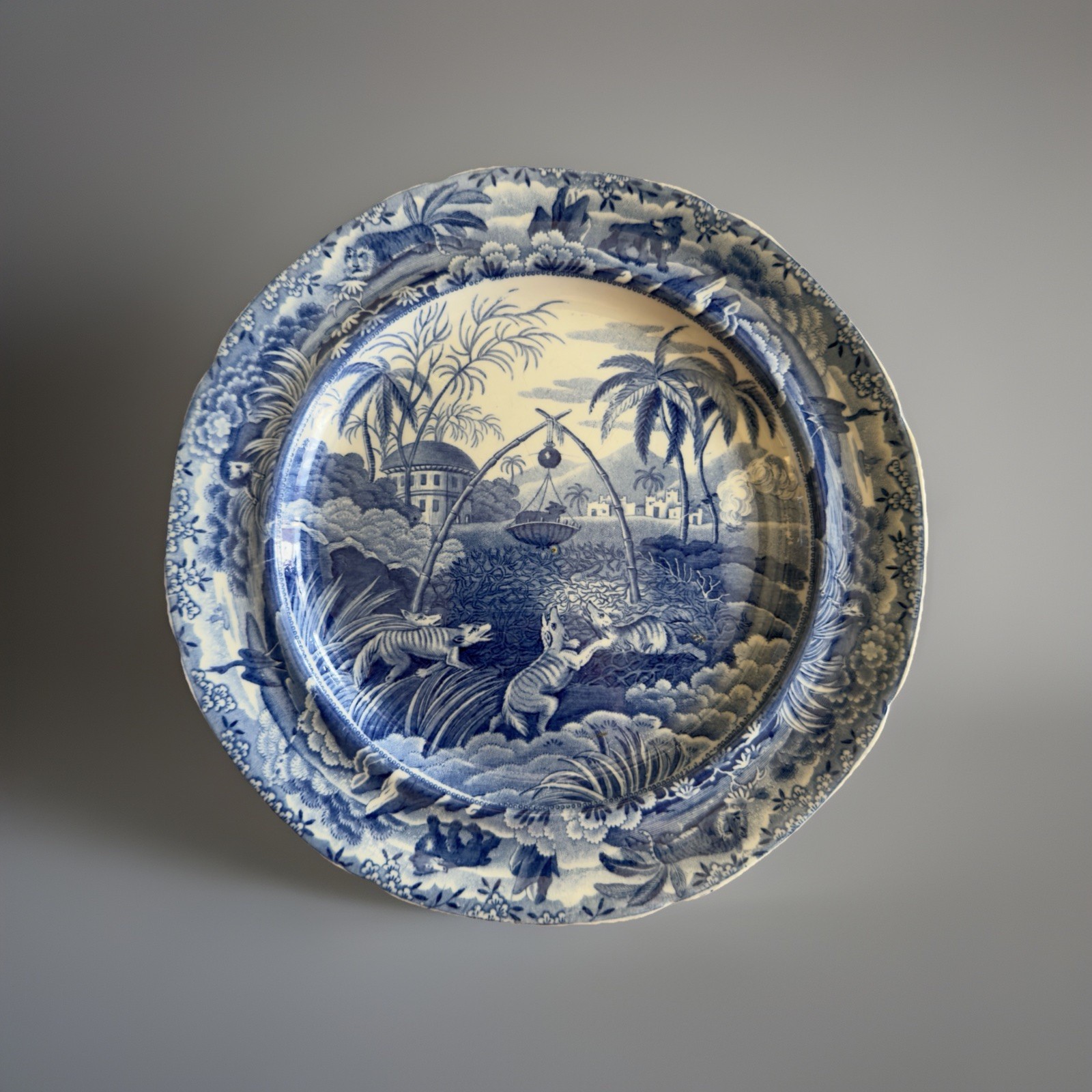 Antique Spode Pearlware Plate, Indian Sporting Series, Common Wolf Trap, C1815
