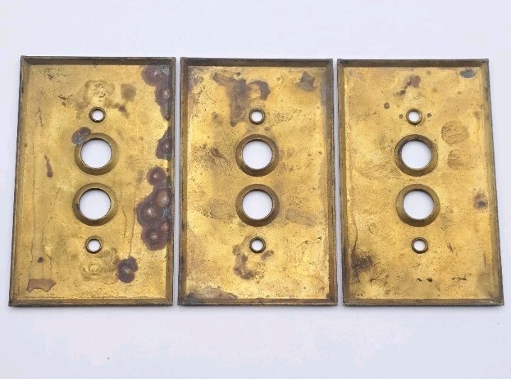 Vintage Push Button Light Switch Wall Plates Covers Rectangle Old Brass Lot of 3