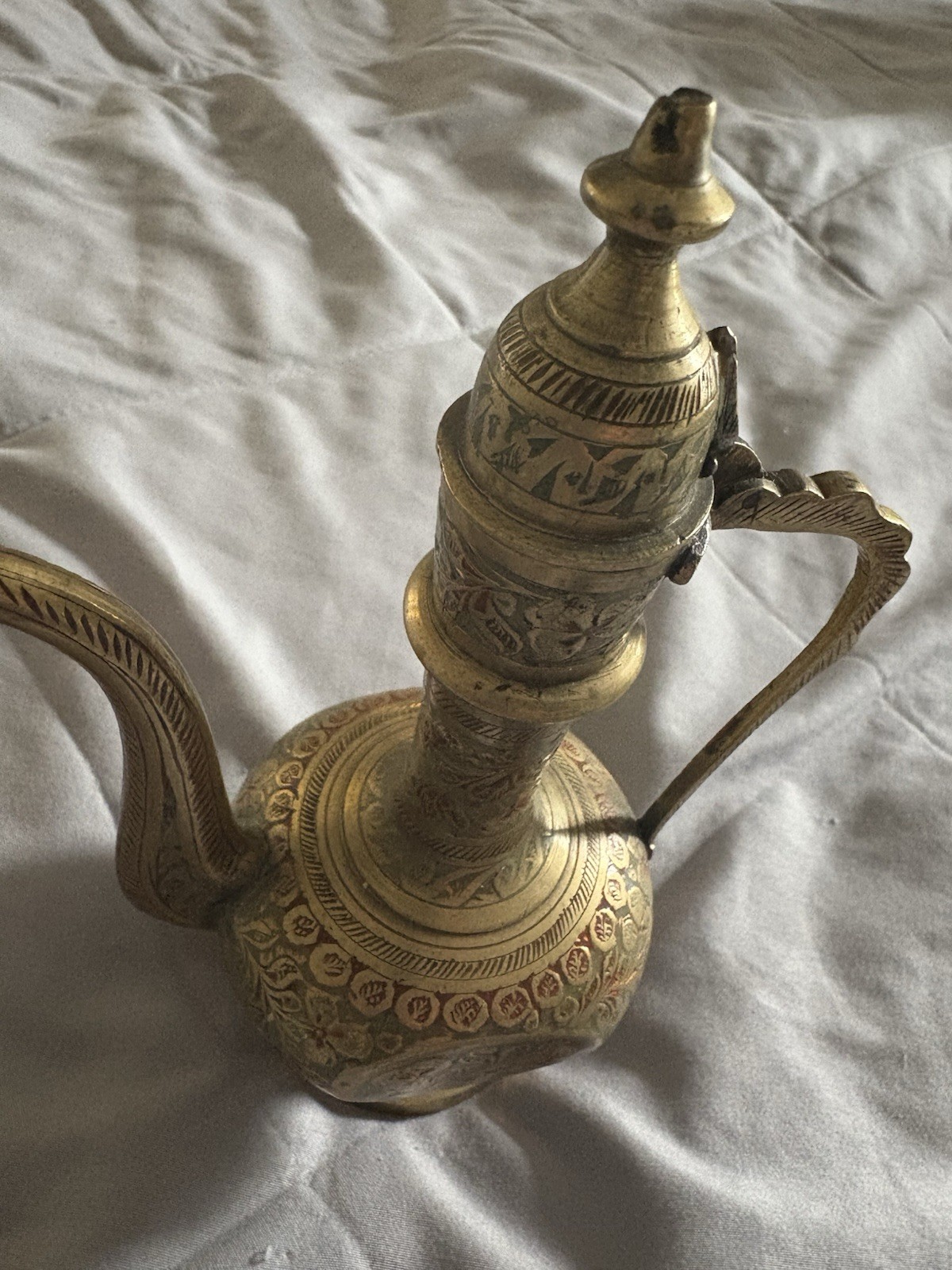 Antique Decorative Indian Brass Ewer Gold Red Blue Hand Engraved Floral Design