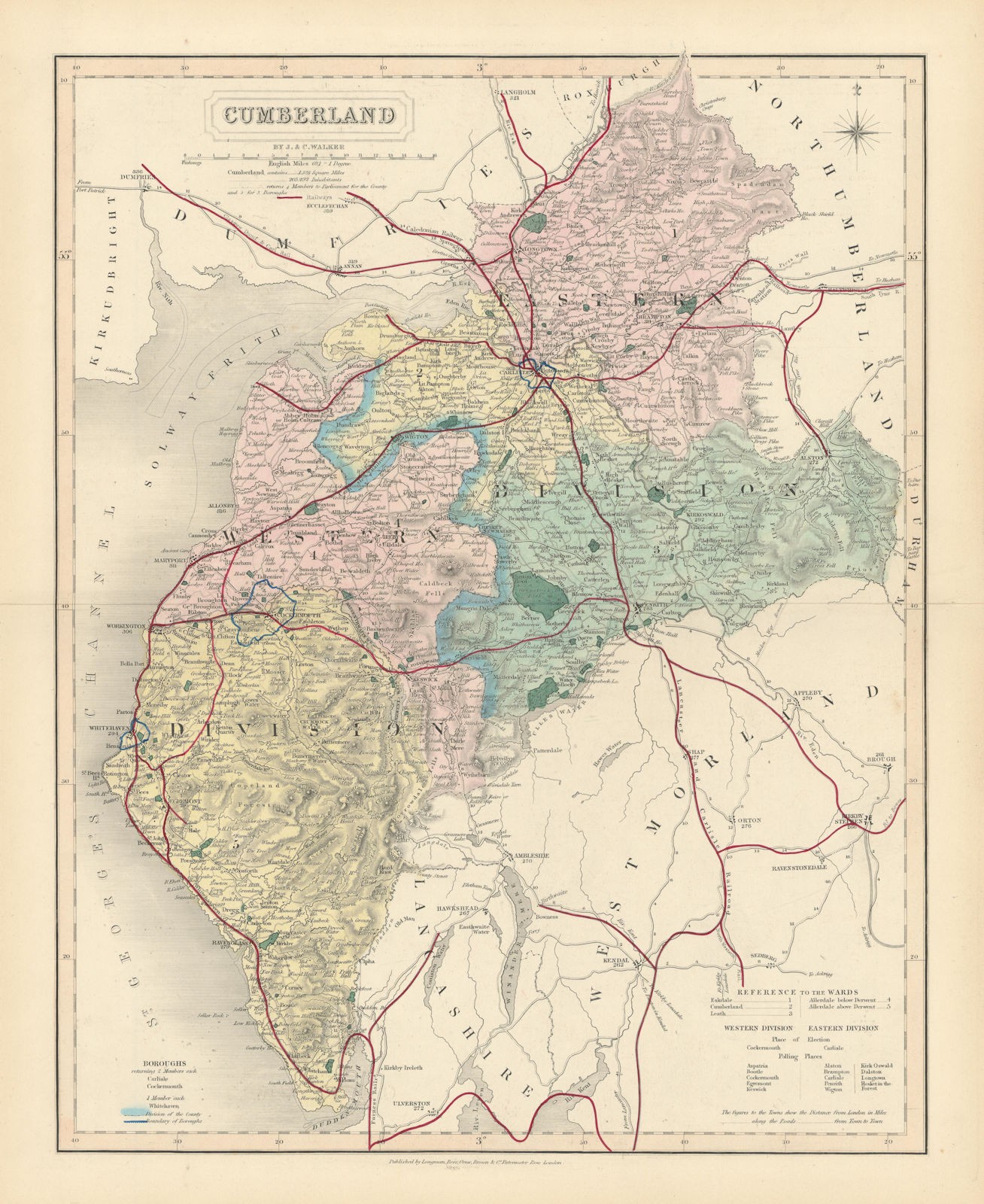 Cumberland antique county map by J & C Walker. Railways & boroughs 1870