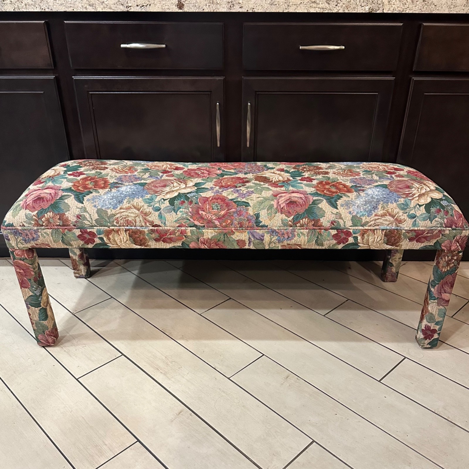 Vintage Floral Upholstered Parsons Style Bench English Garden Foot of Bed 49”