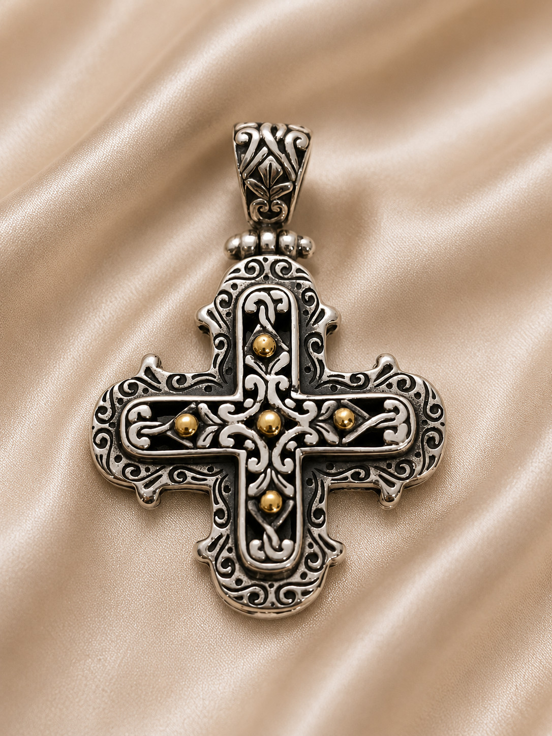 925 Silver Cross Pendant with 18K Gold Accents, Oxidized Gothic Cross charm