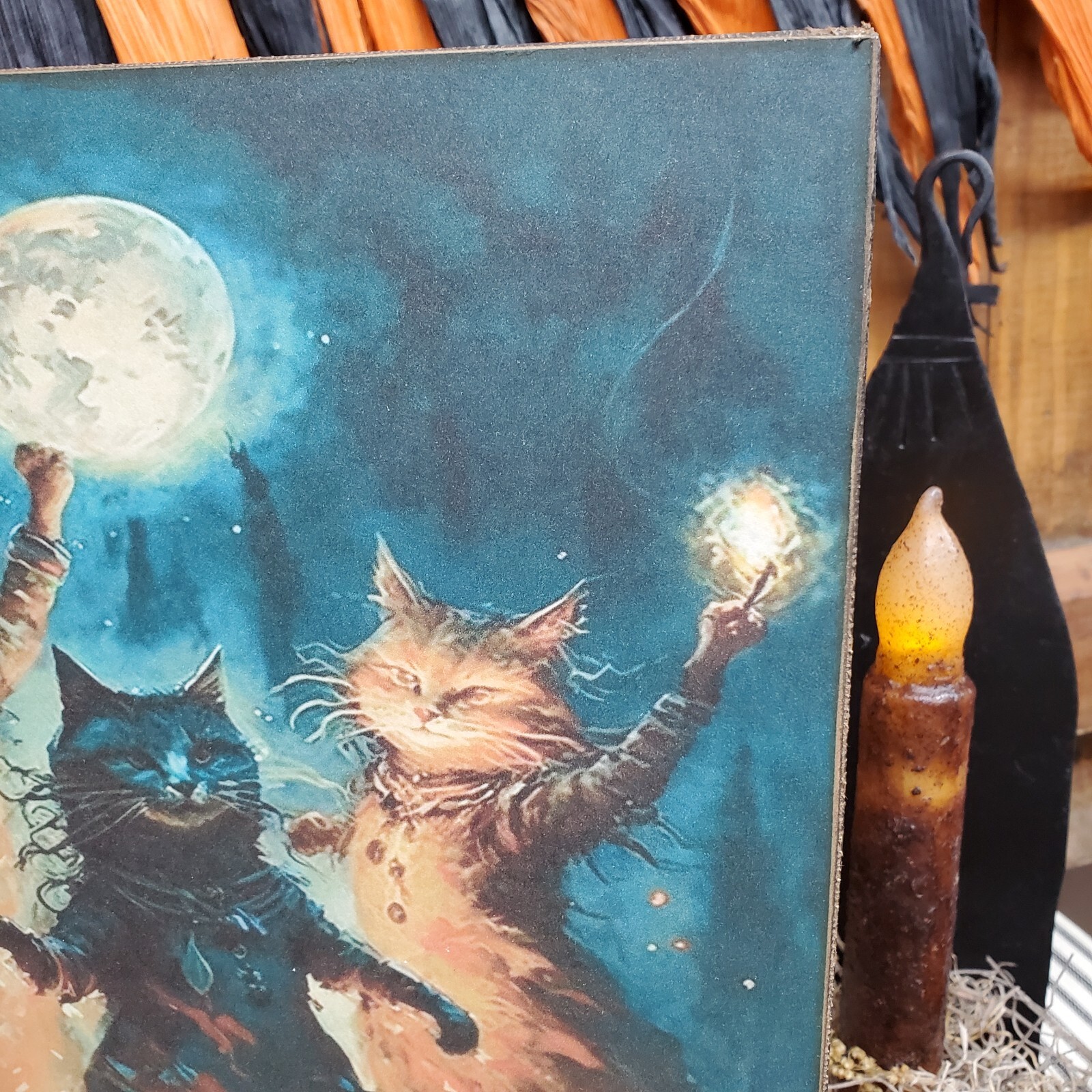 PRIMITIVE VINTAGE FOLK GOTHIC STEAMPUNK STYLE HALLOWEEN DANCING CATS SPELLS SIGN
