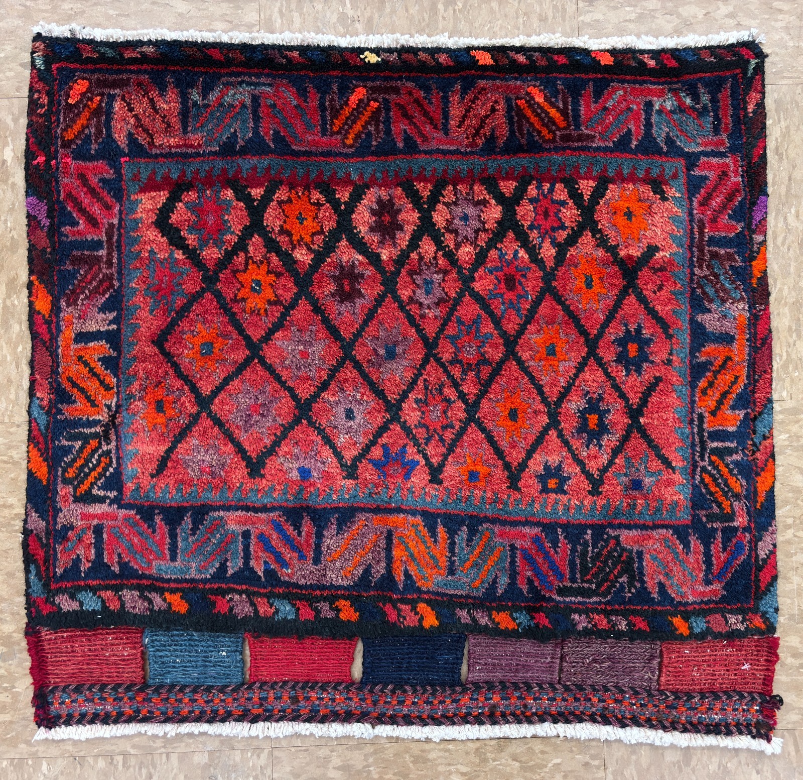 Vintage Hand Knotted Wool Qashqai Rug 2×2 Tribal Geometric Red Blue Oriental Mat