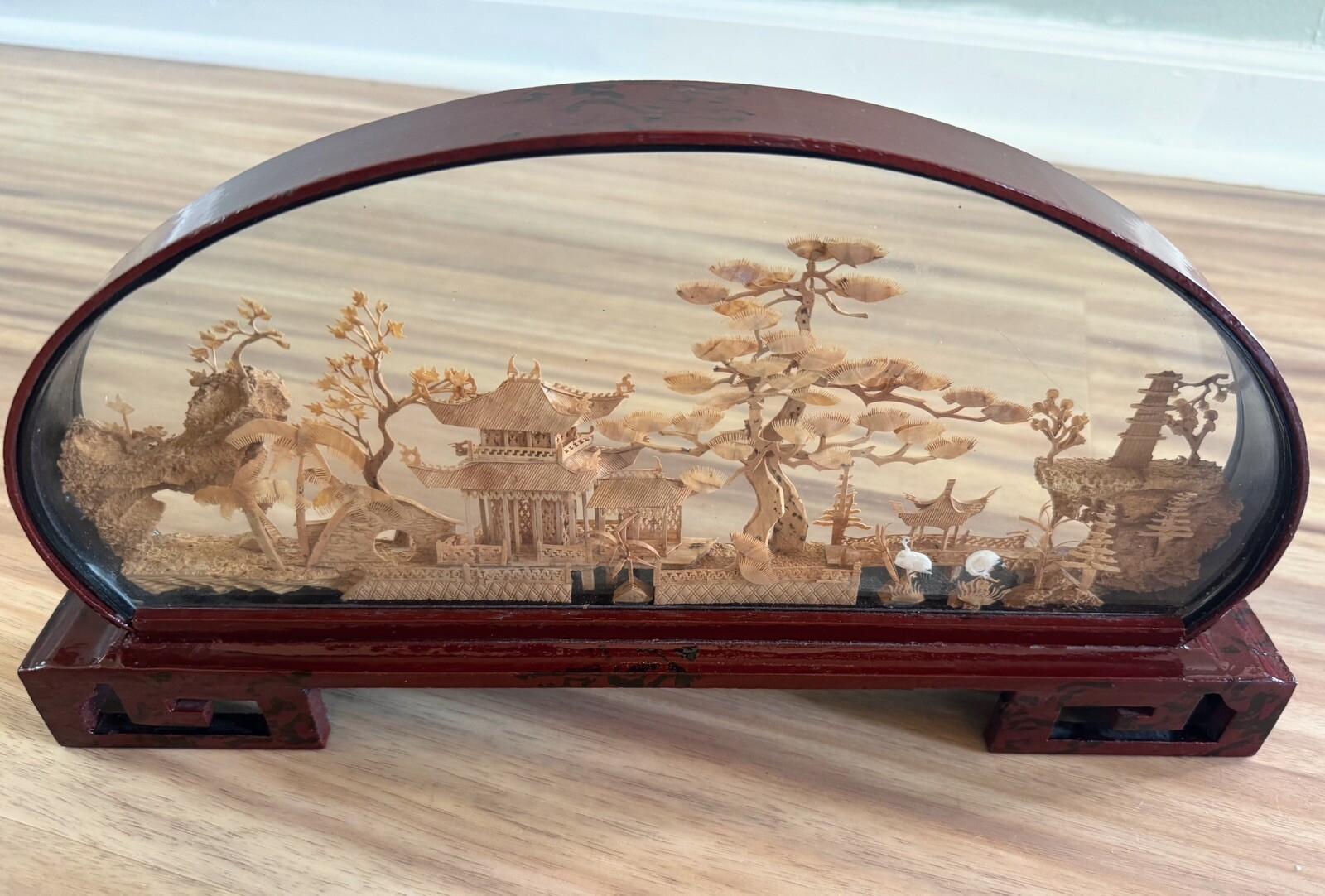 Antique Chinese Cork Wood Engraved Scene Artwork Lacquer Handcrafted VTG Asian