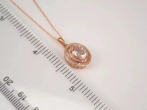 Pretty 2Ct Oval Cut Lab Created Morganite Halo Pendant 14K Rose Gold Plated 18′