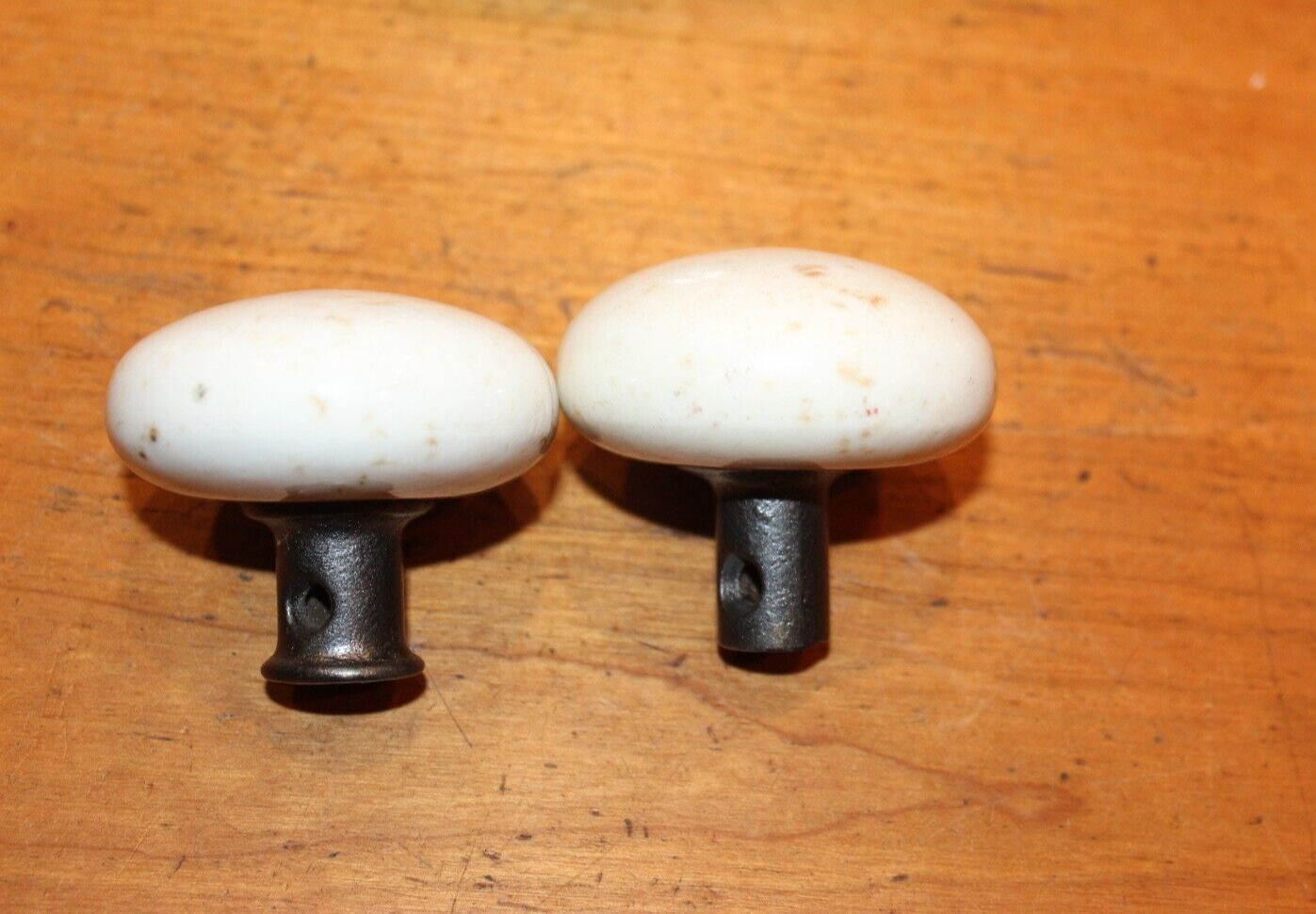 Pair of Imperfect White Porcelain Antique Doorknobs for use with Rim Locks V-6