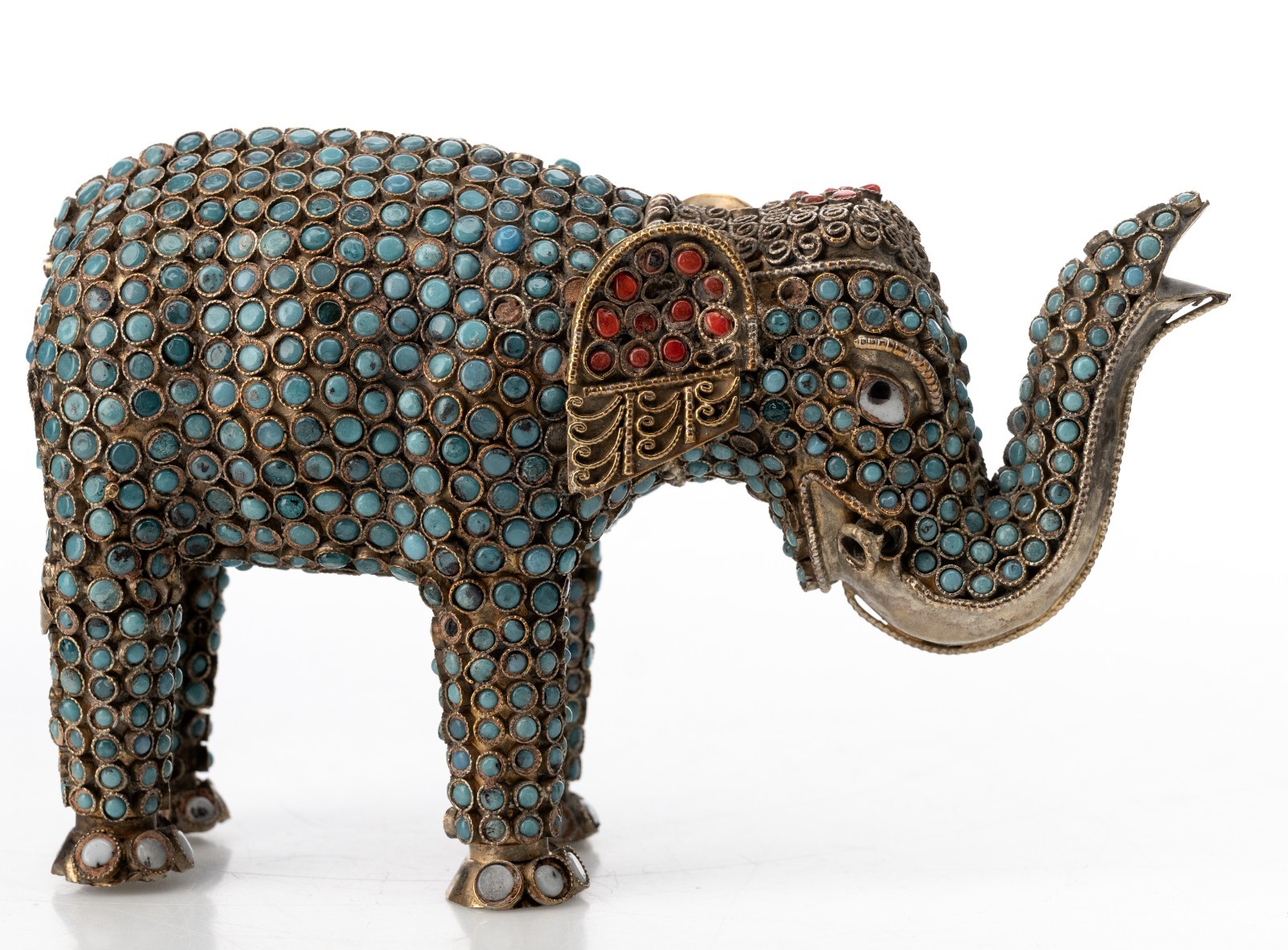 Vintage Chinese Export Filigree Elephant Figurine Turquoise Coral Cabochons 5″