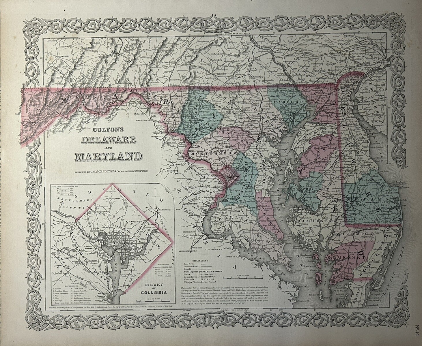 1870 Colton’s Delaware & Maryland Hand Coloured Original Antique Map 17″ x 14″