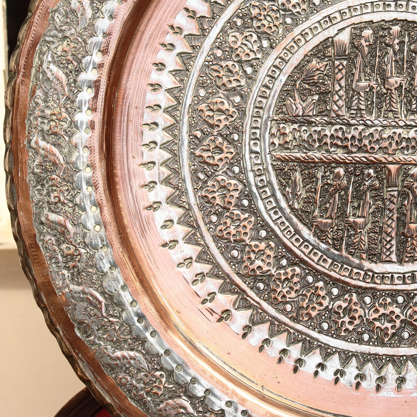 Middle Eastern Tinned Copper Tray Hand Hammered Decorations, 39cm Wide