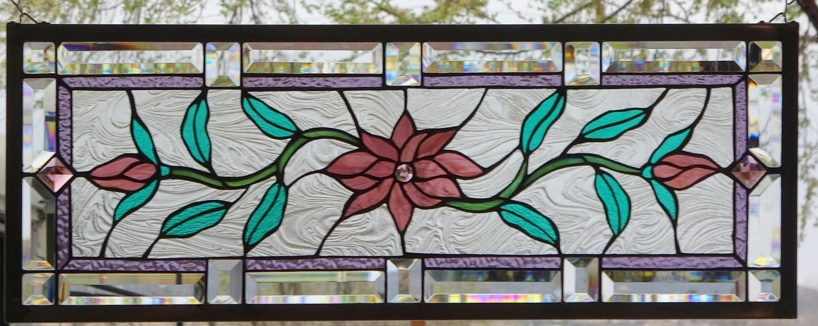 Stained Glass Transom window HANGING PANEL 32 1/2 X 13 incl hooks