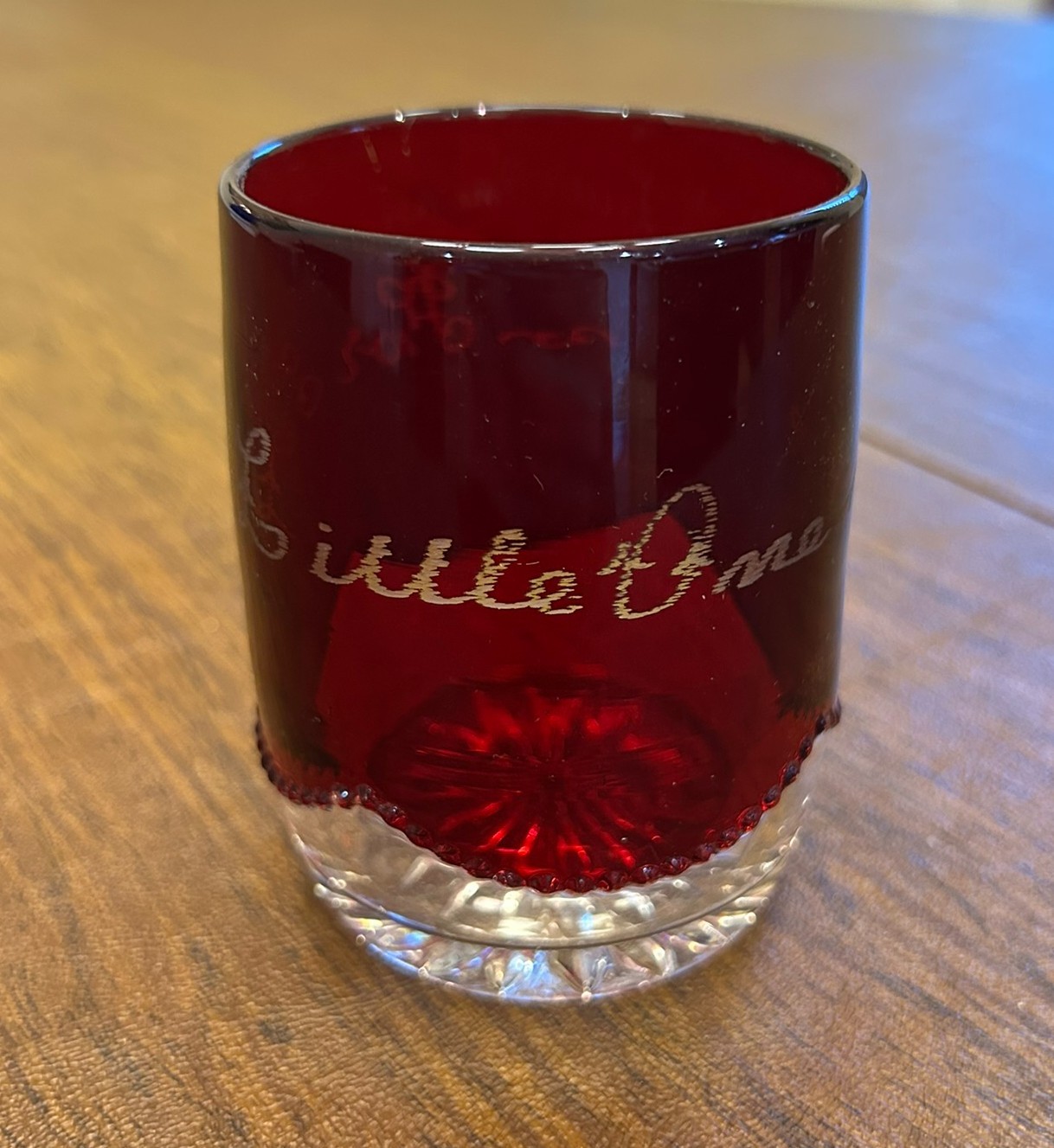 VINTAGE RUBY RED FLASH DRINKING GLASS 1900s “For The Little One”