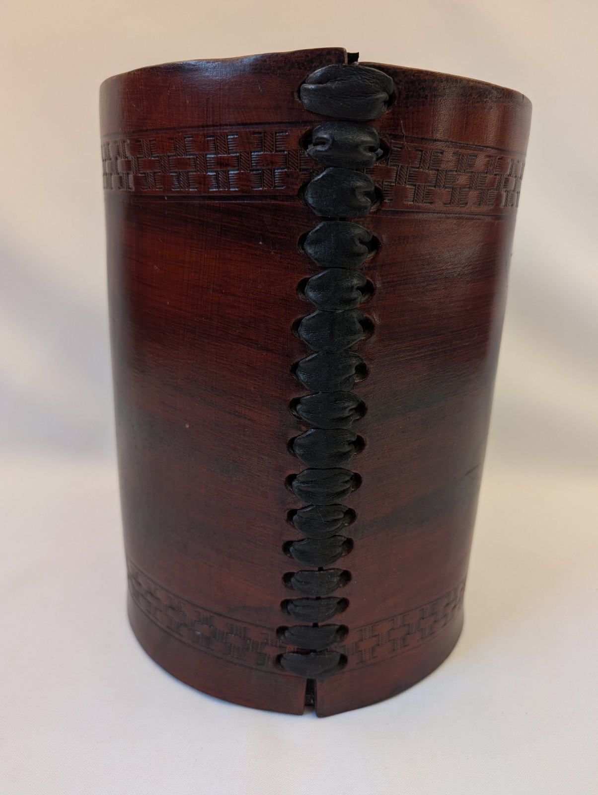 Vintage wood leather wastebasket Made in Mexico