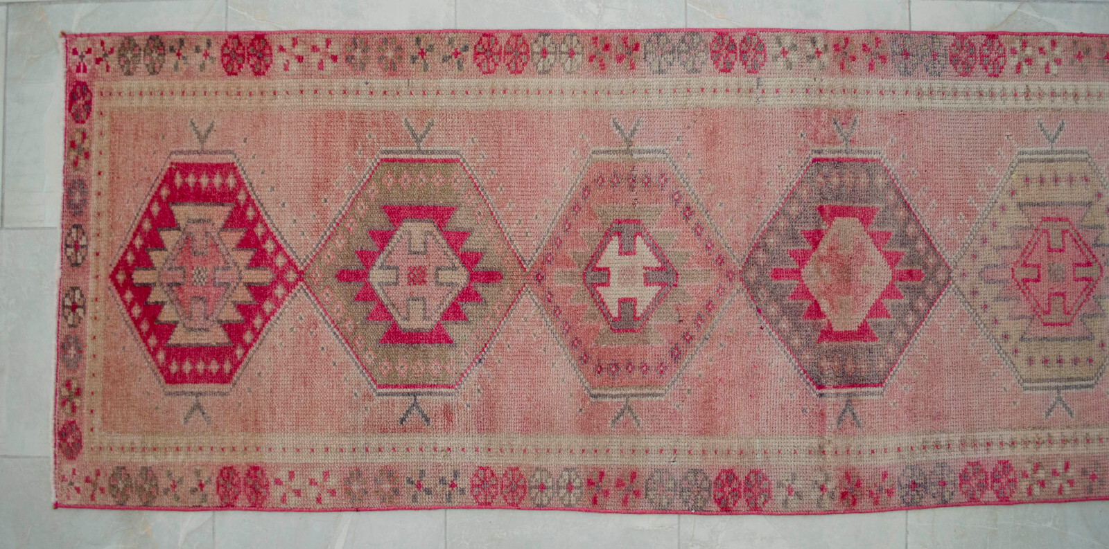 Vtg Pink Oushak Runner Rug | Extra Long Hand-Knotted Wool 2’9″ x 12’10”