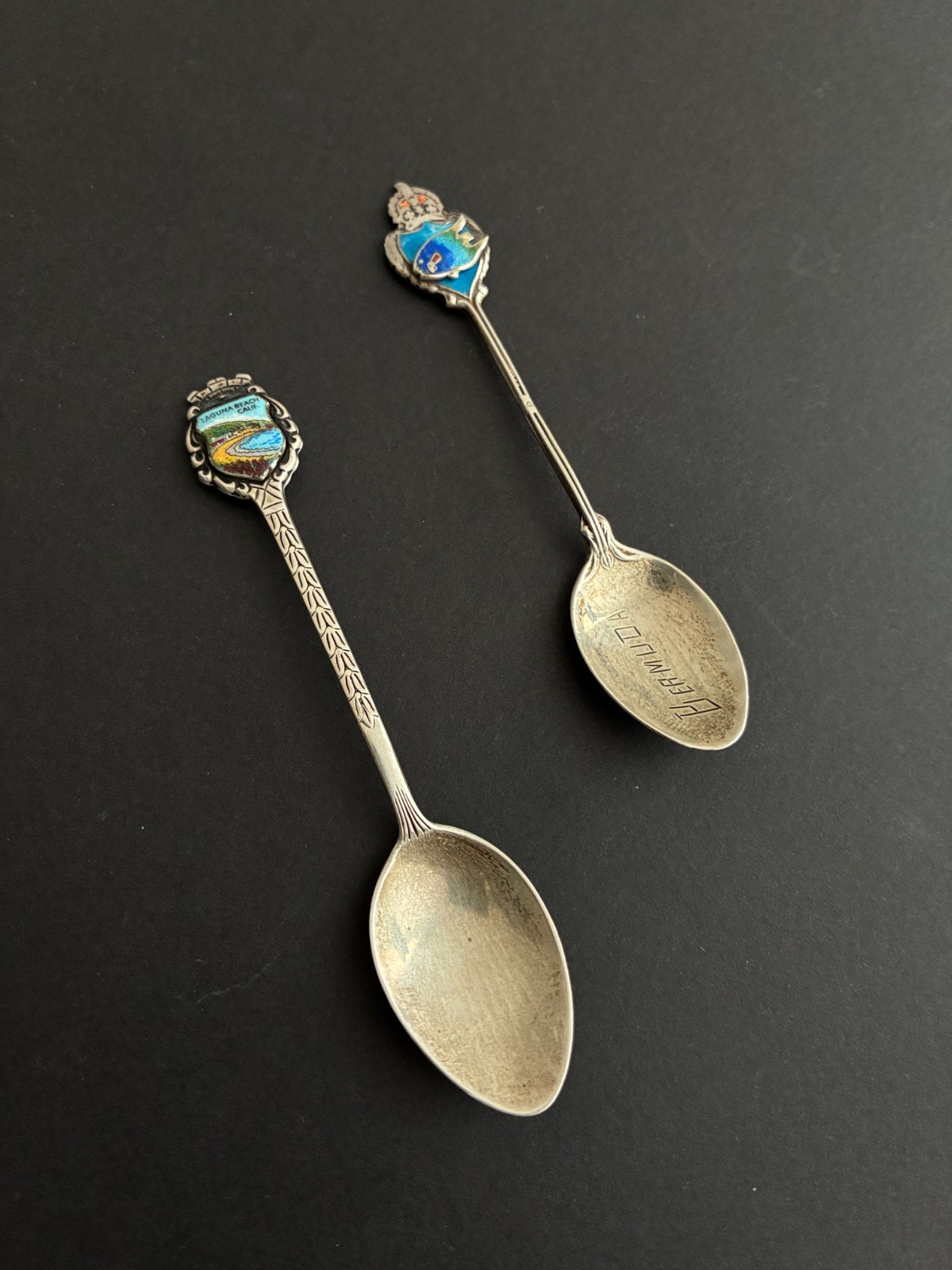 Vintage BM Co Sterling Silver Souvenir Spoons Laguna Beach BERMUDA Enameled 20g