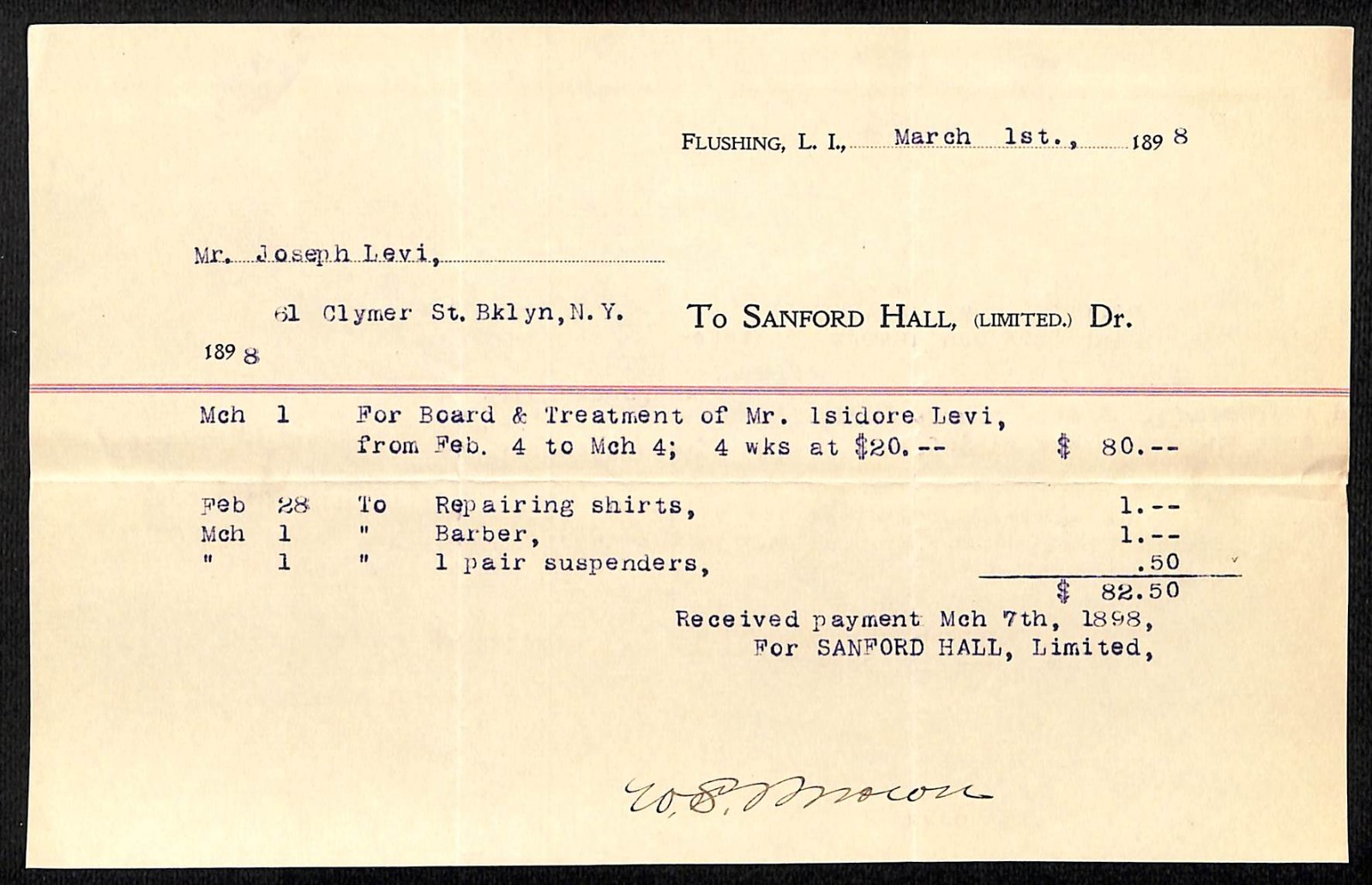 1898 Sanford Hall (Sanitarium) Flushing Queens Medical Treatment Billhead (#16)