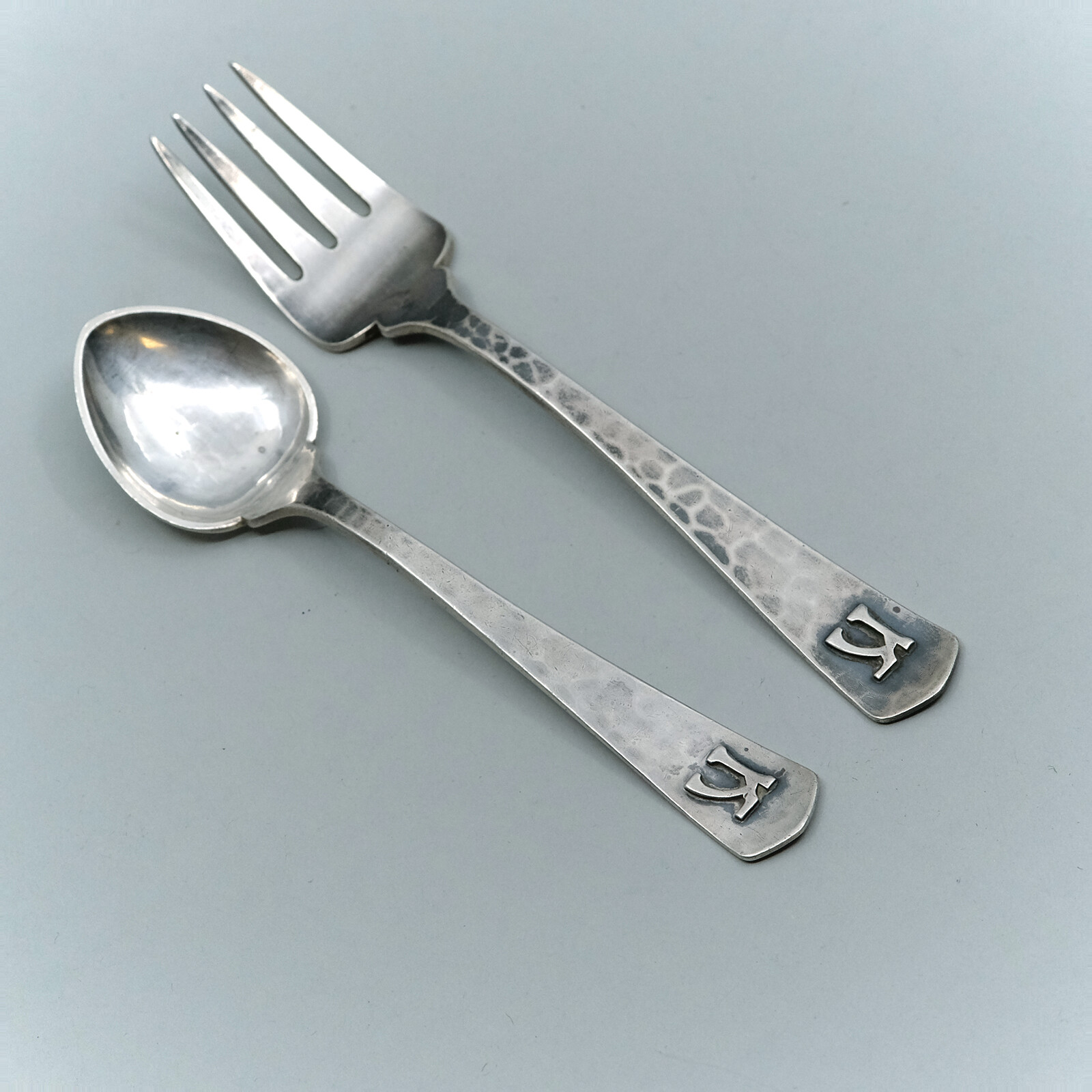 Kalo Sterling Silver Hammered Youth Fork & Spoon Set Arts & Crafts Applied “K”