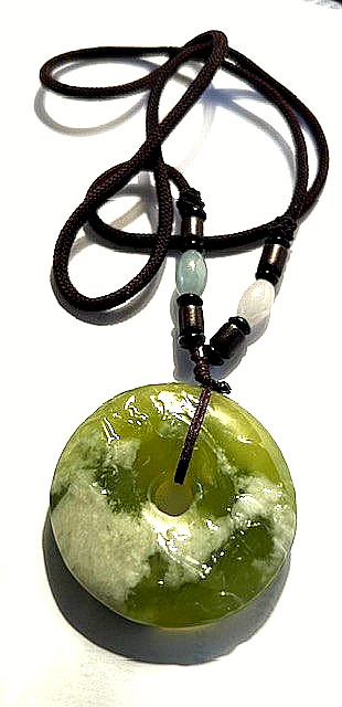 Vtg Chinese Green-White Hand Carved Landscape Jade Donut Pendant w/Cord 47 mm Di