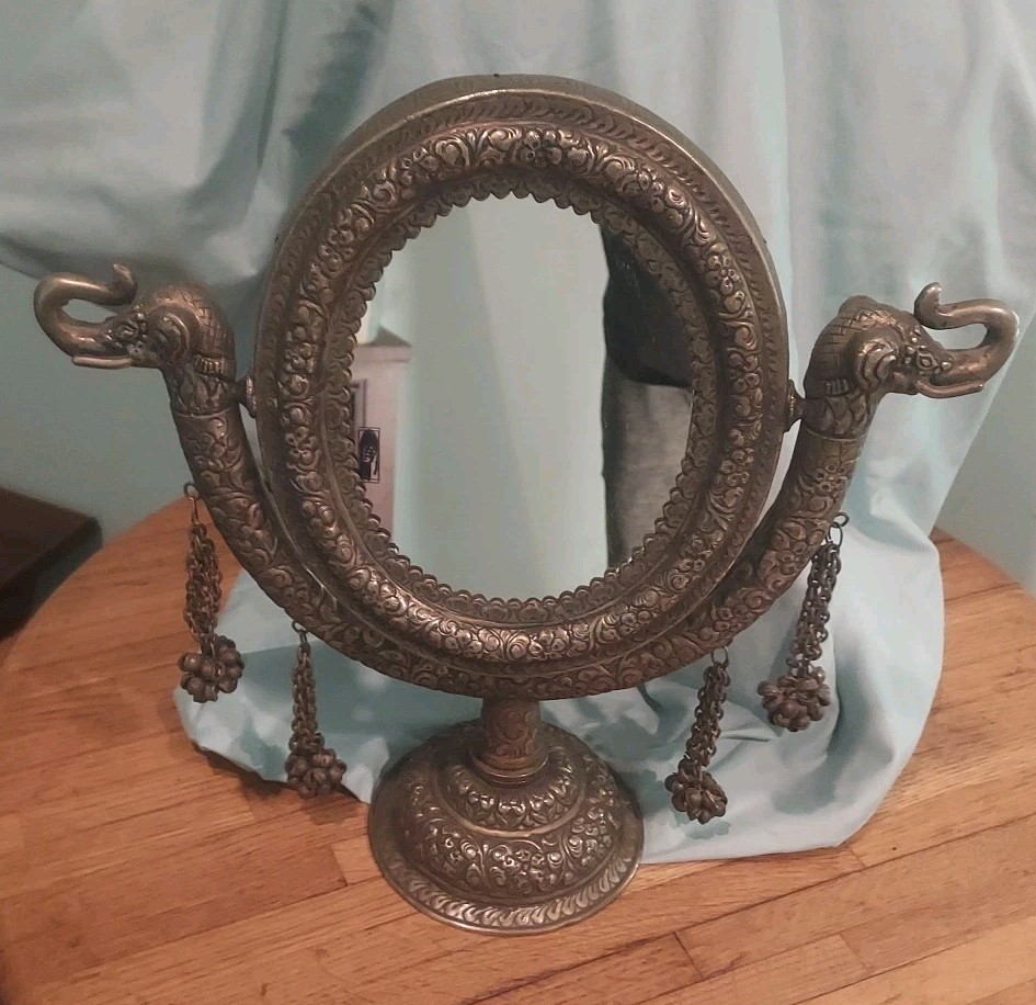 Elegant Antique Elephant Adorned Vanity Makeup Mirror Metal Frame Adjustable