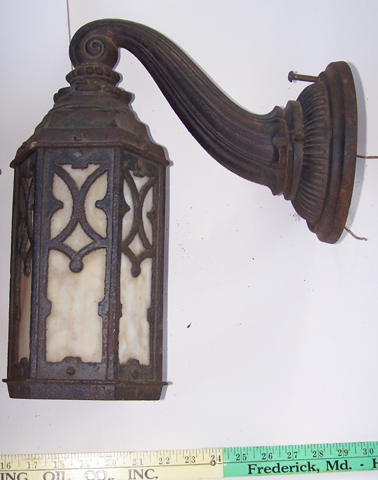 Pair Antique Gothic Outdoor Sconce Lights Cast Iron Slag Glass For Restoration