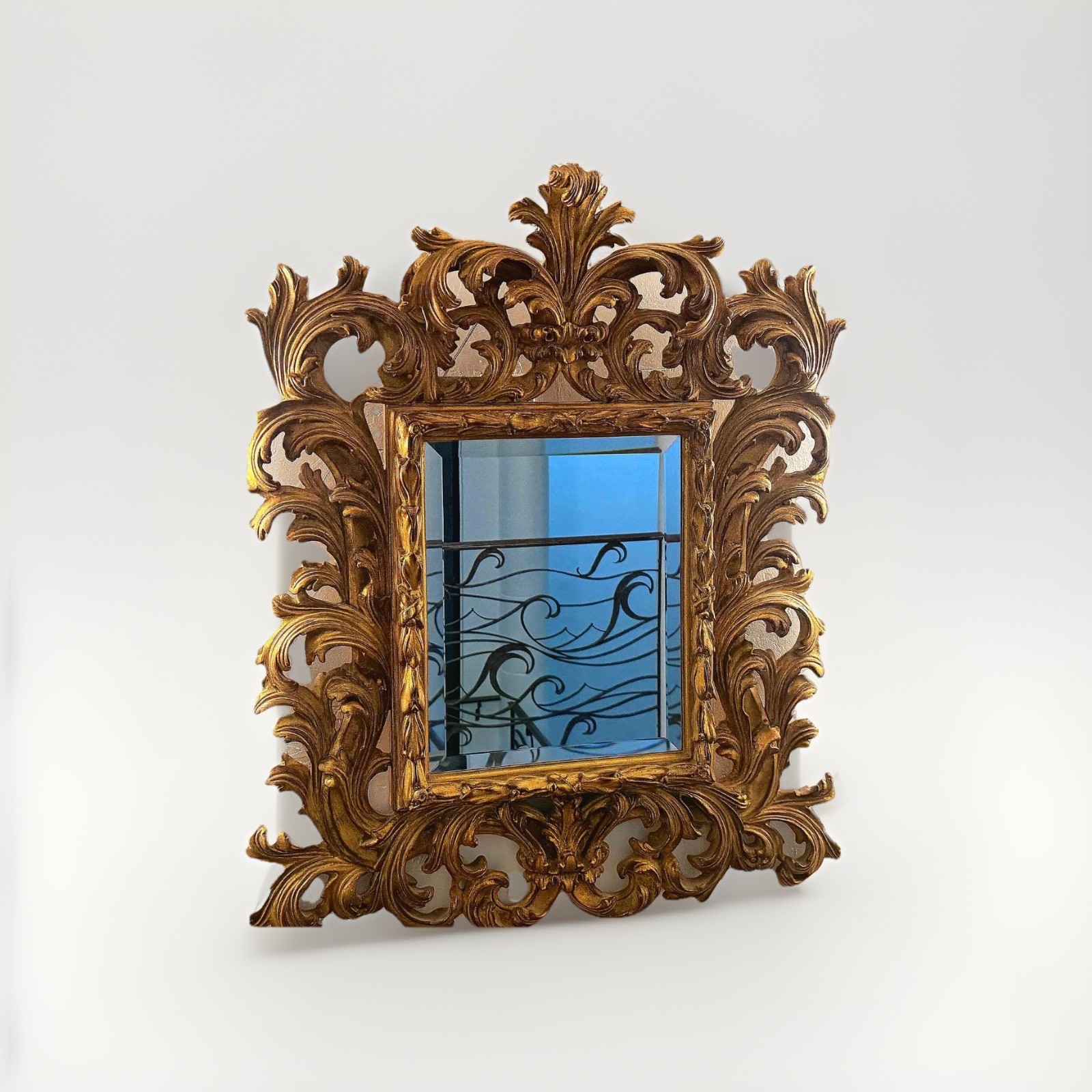 Vintage 1970s Elegant Rococo Italian Carved Giltwood Art Mirror La Barge Style