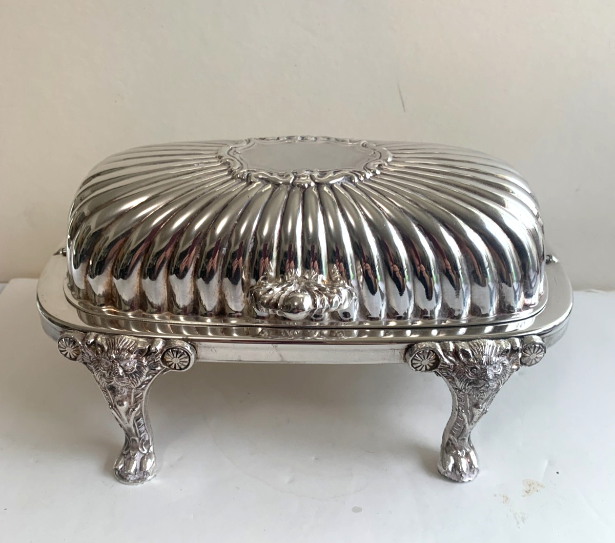 FB Rogers Silverplate Footed Butter Dish Rolltop Lid Glass Insert Mid-Century