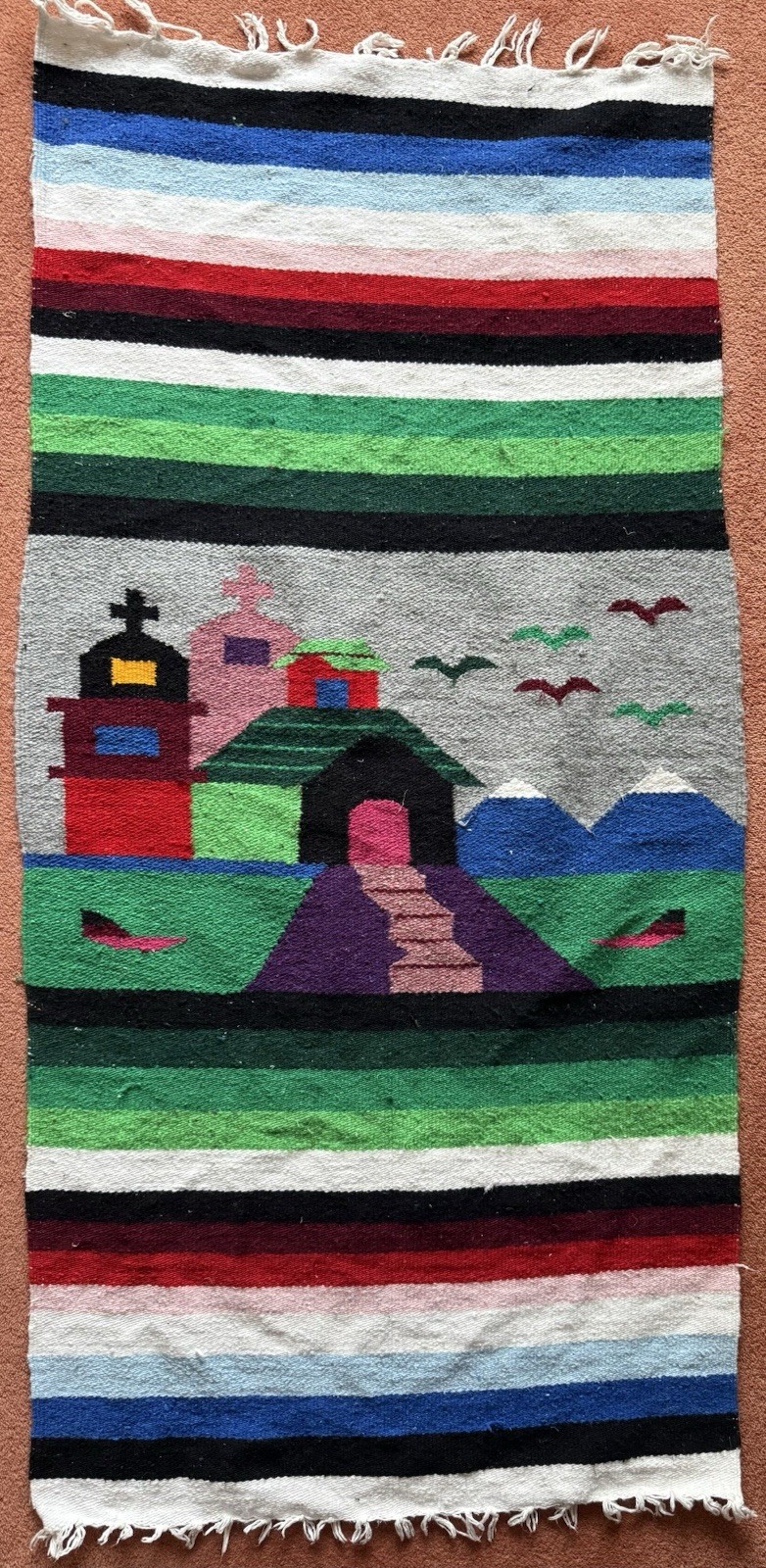 Vintage Hand-woven Mexican Colourful Folk Art Wool Wall Hanging/Rug 145 X 72cm