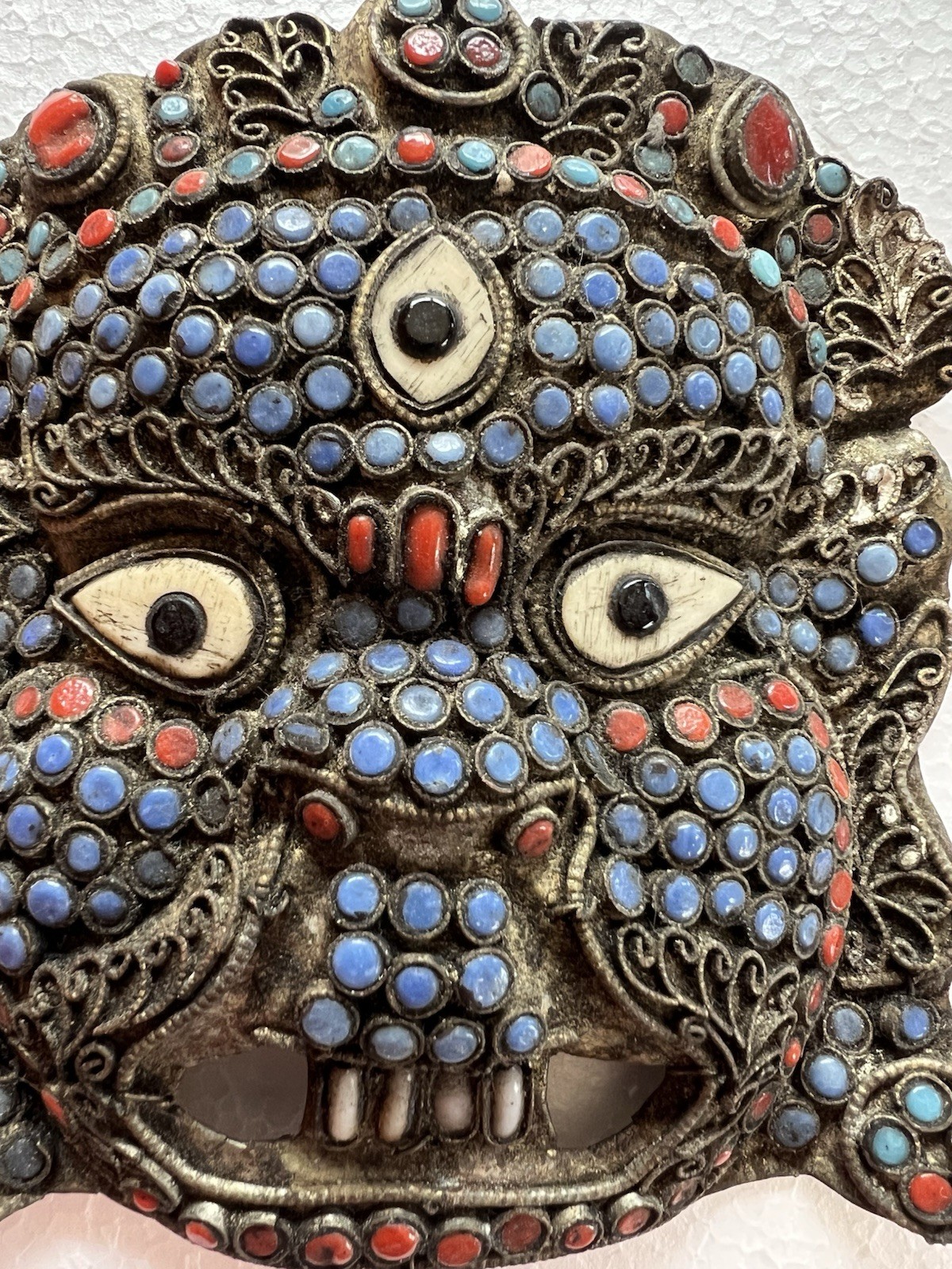 Antique Tibetan Buddhist Brass Inlay Mask of Mahakala, Late 1800s/early 1900s
