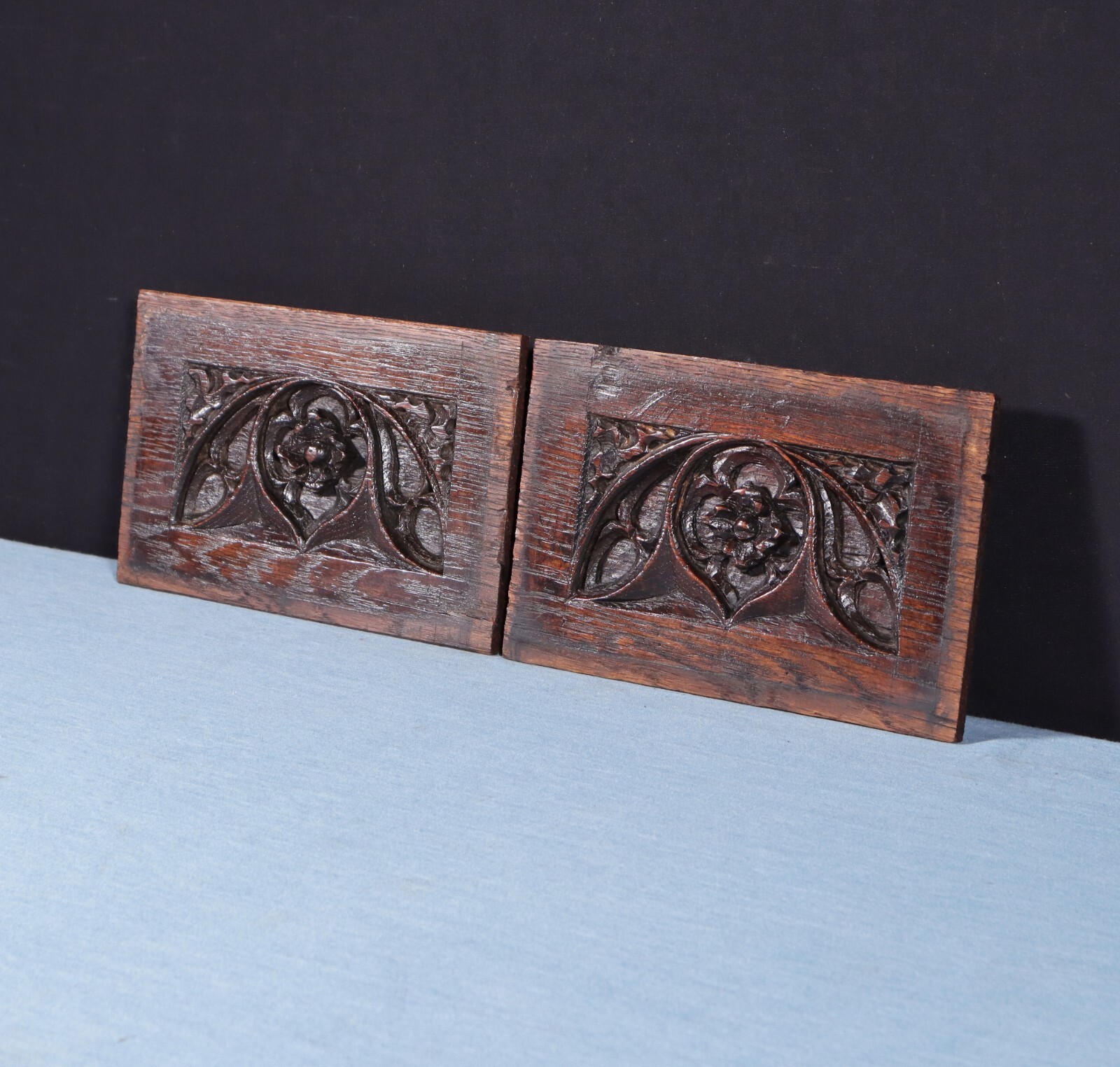 Pair of French Antique Gothic Revival Panels Solid Oak Wood Salvage Early 1800’s
