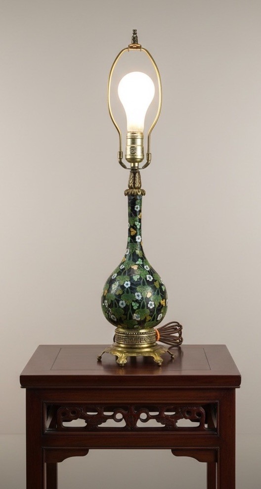 Vtg Chinese Cloisonne Vase Lamp Black Floral Green Vine Metal Base (READ)