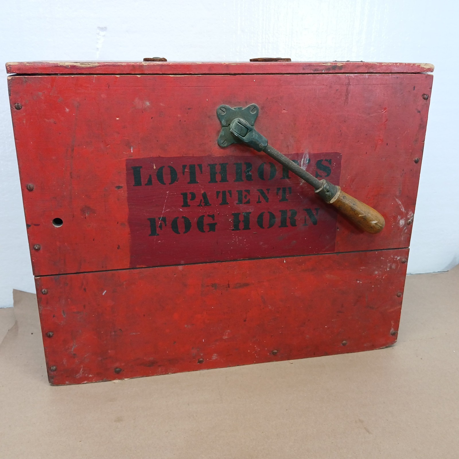 Antique Lothrop’s Hand Crank Nautical Fog Horn wood case Parts Or Repair