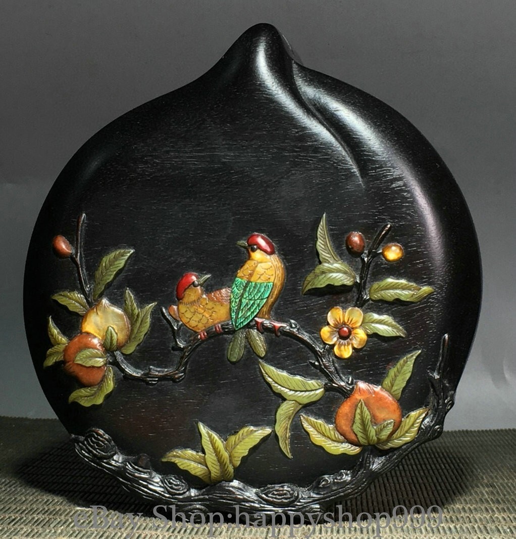 6″ Old Chinese sandalwood Inlaid shells Flower Peach bird fruit Jewelry Box