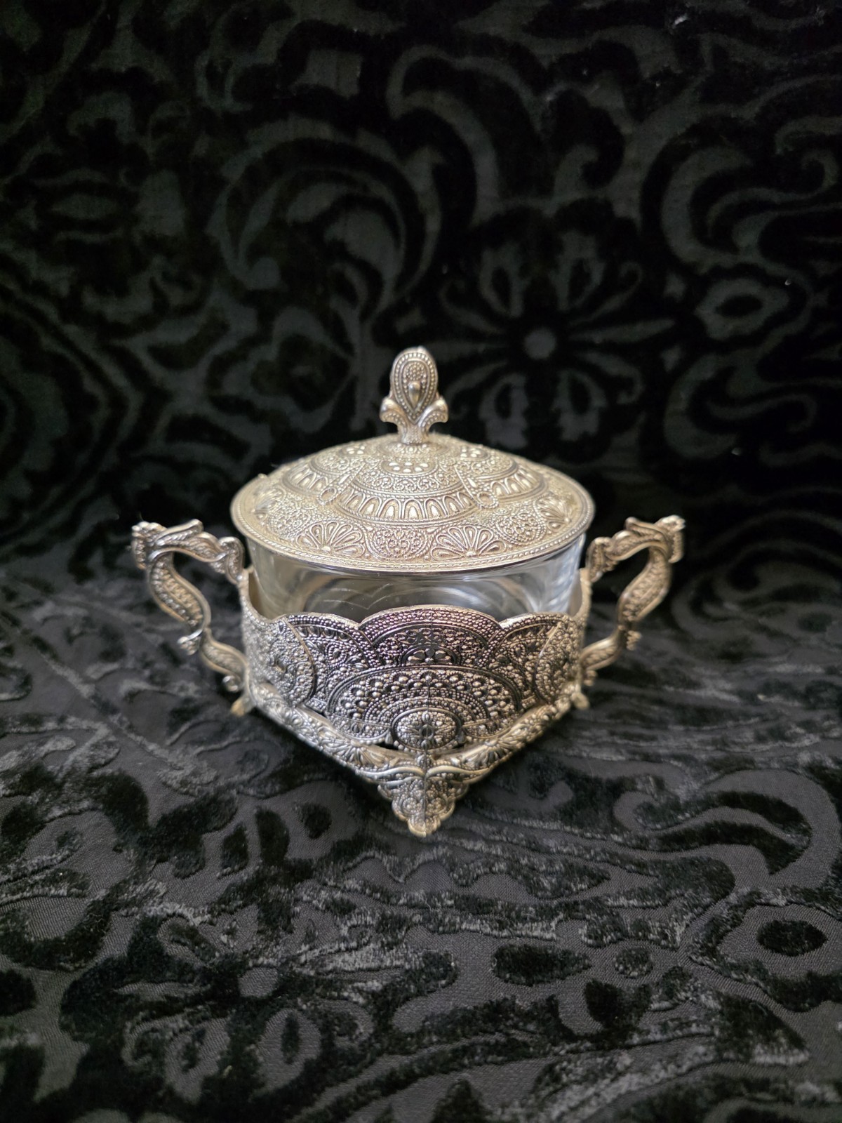 Mikasa Silver-Tone Ornate Covered Sugar Dish.