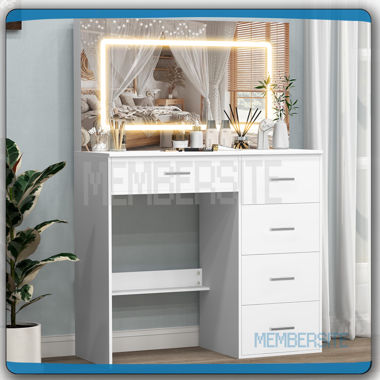 Makeup Vanity Table with Large Smart LED Mirror , 5 Storage Drawers Vanity Set