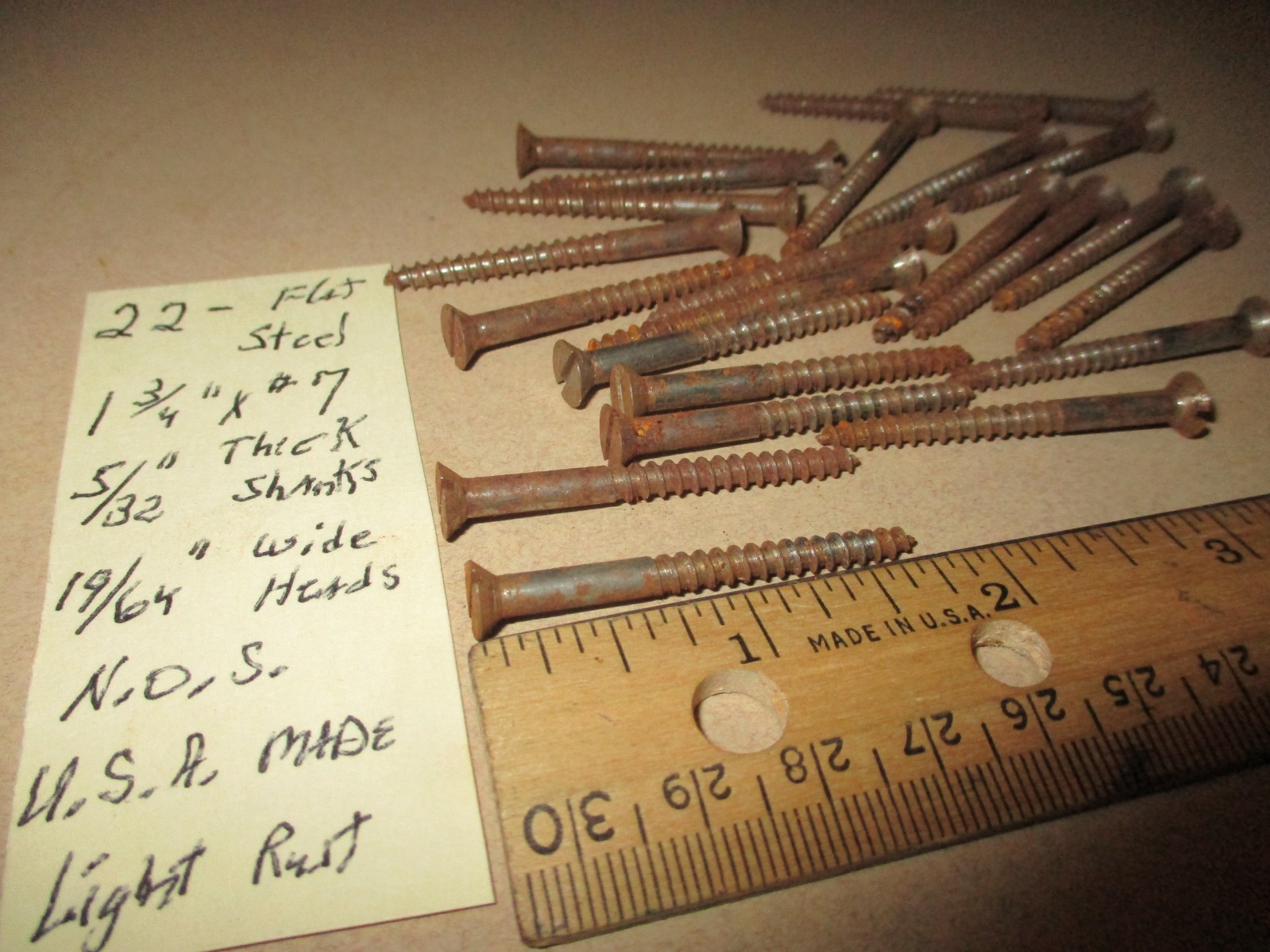 22-NEW-OLD STOCK, SLOTTED FLAT HEAD STEEL WOOD SCREWS 1 3/4″ LONG X #7-some rust