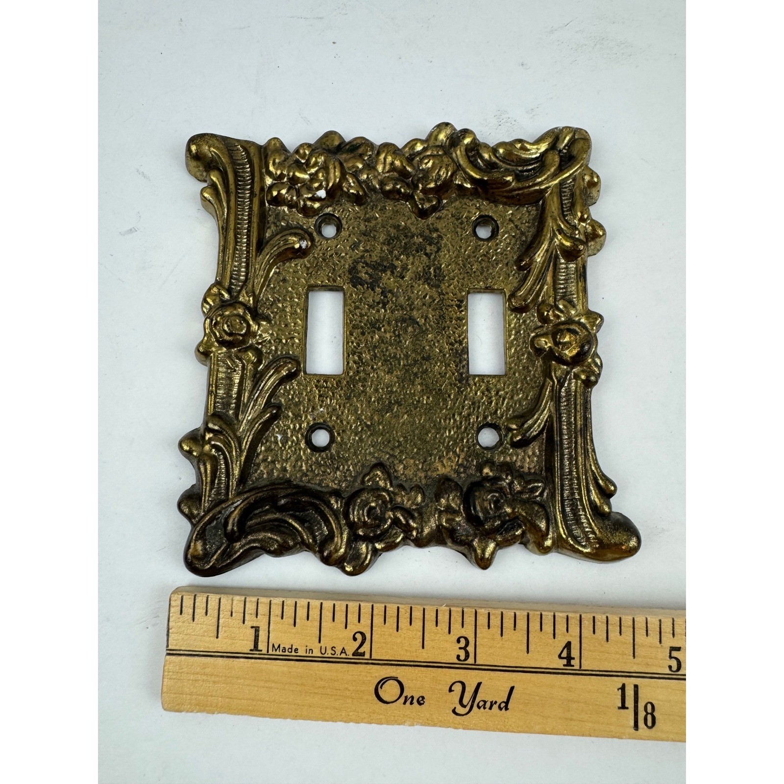 Vintage Ornate Brass Double Toggle Light Switch Cover Plate Floral Rococo Gold