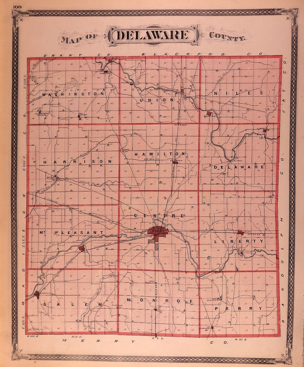 1876 Plat / County Map ~ DELAWARE Co., INDIANA / MADISON Co. on Reverse (14×17)
