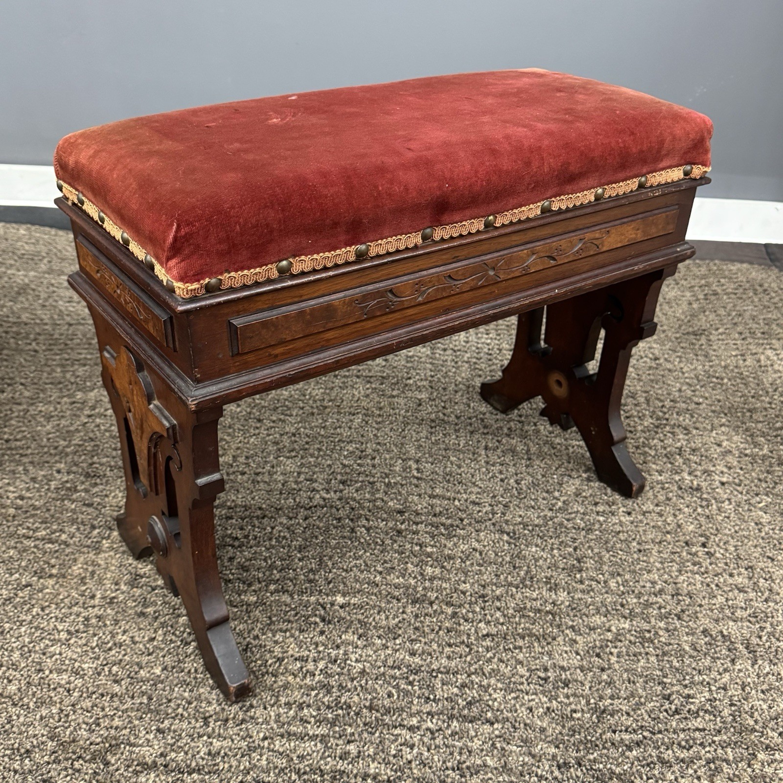 Victorian Antique Carved Walnut Slipper / Vanity Ottoman Bench Flip Top STORAGE